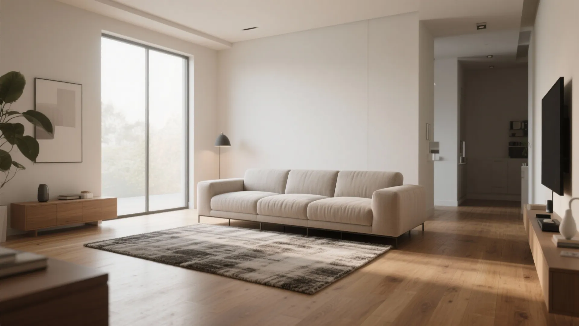 Minimalist living room with beige sofa white walls wooden floor large windows and patterned floor rug