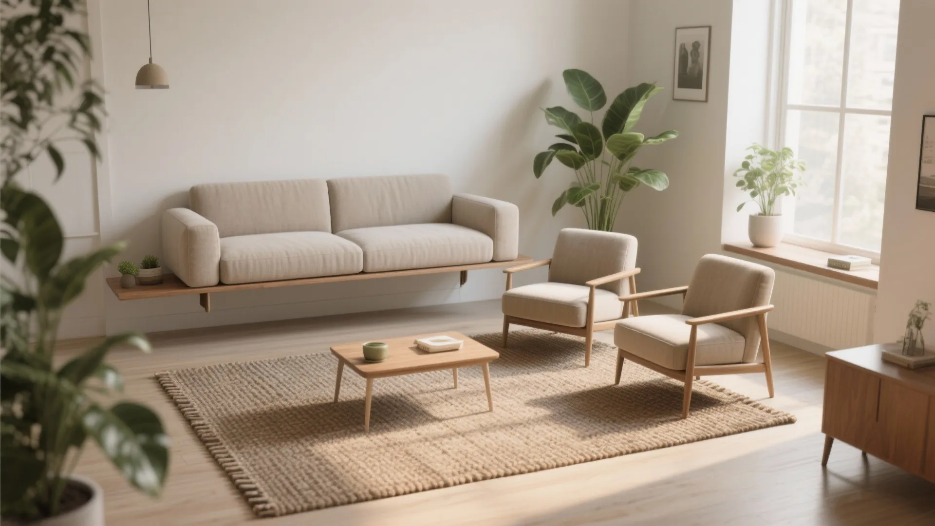 Floating furniture and defined rugs to create zones