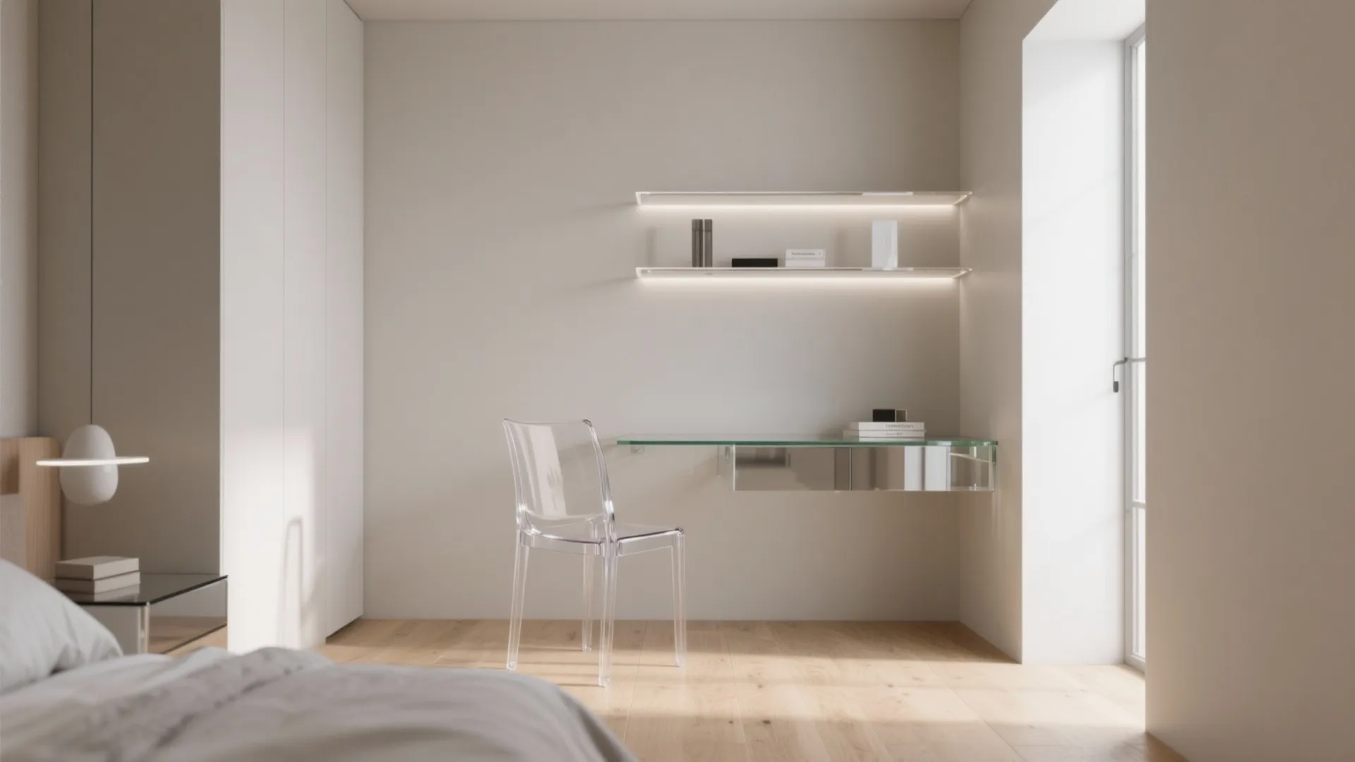 Minimalist room featuring clear plastic chair floating glass desk wall shelves and light wood flooring
