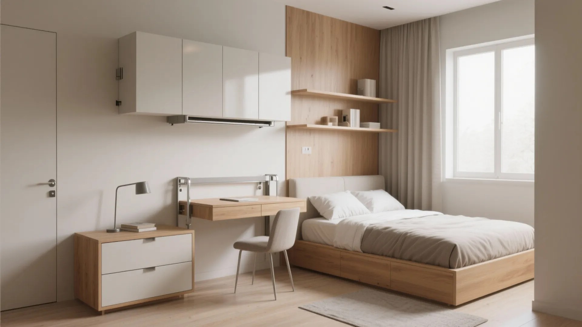 Compact room with floating shelves, a fold-down desk/nightstand, and slim multipurpose furniture.