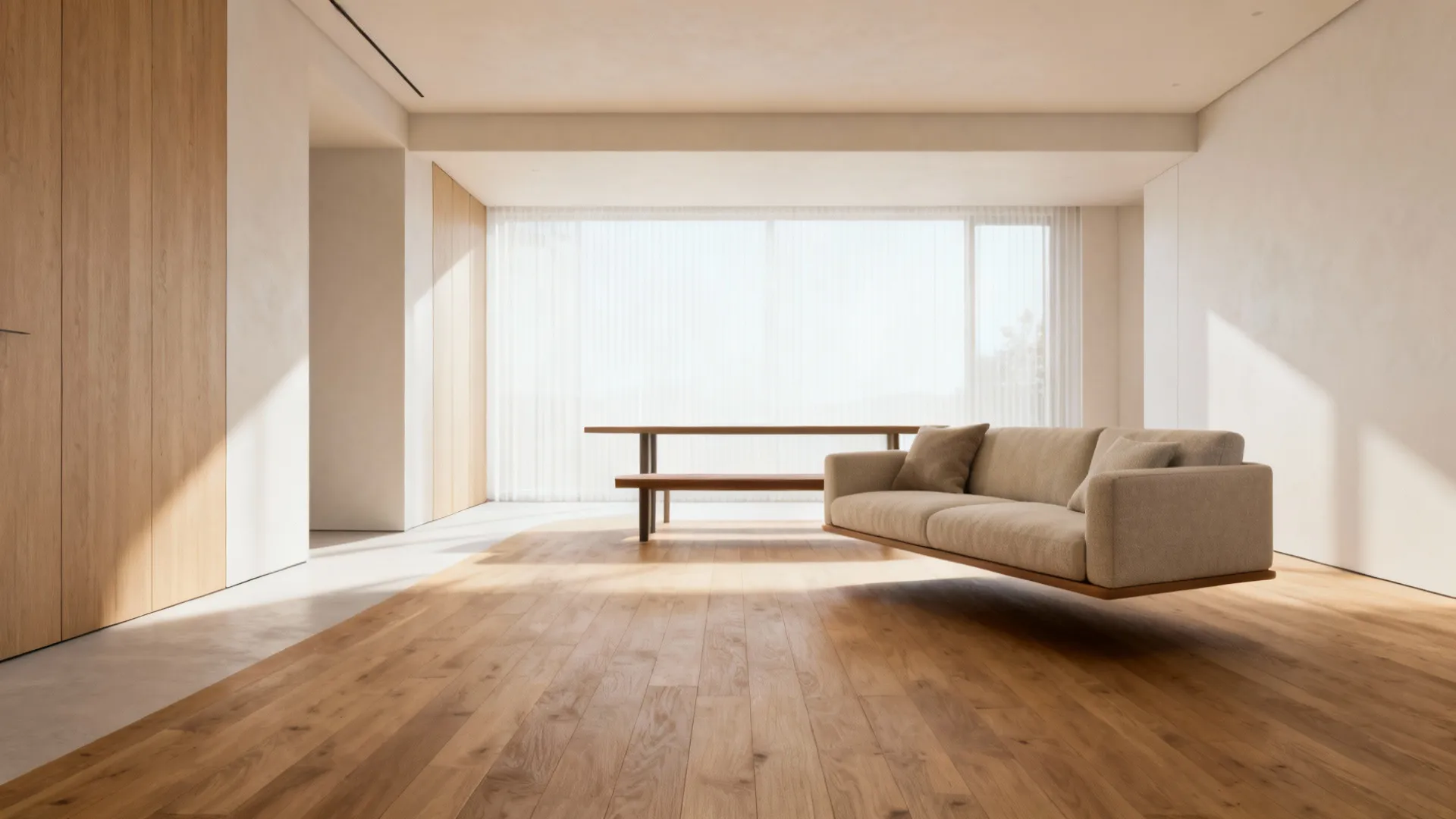 Sofa floated away from wall with slim table behind, showing open circulation in a small apartment