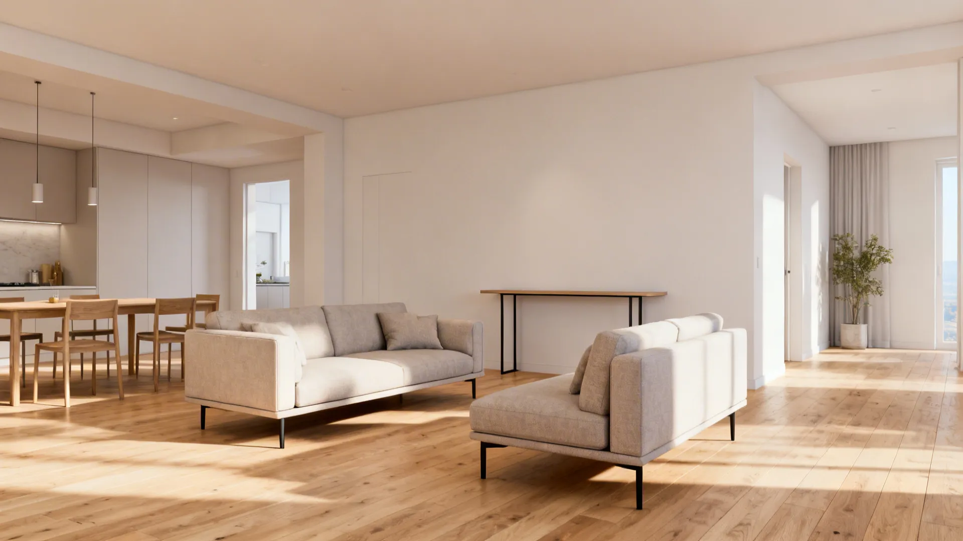Floated couch with loveseat perpendicular defining a separate living zone within an open-plan space