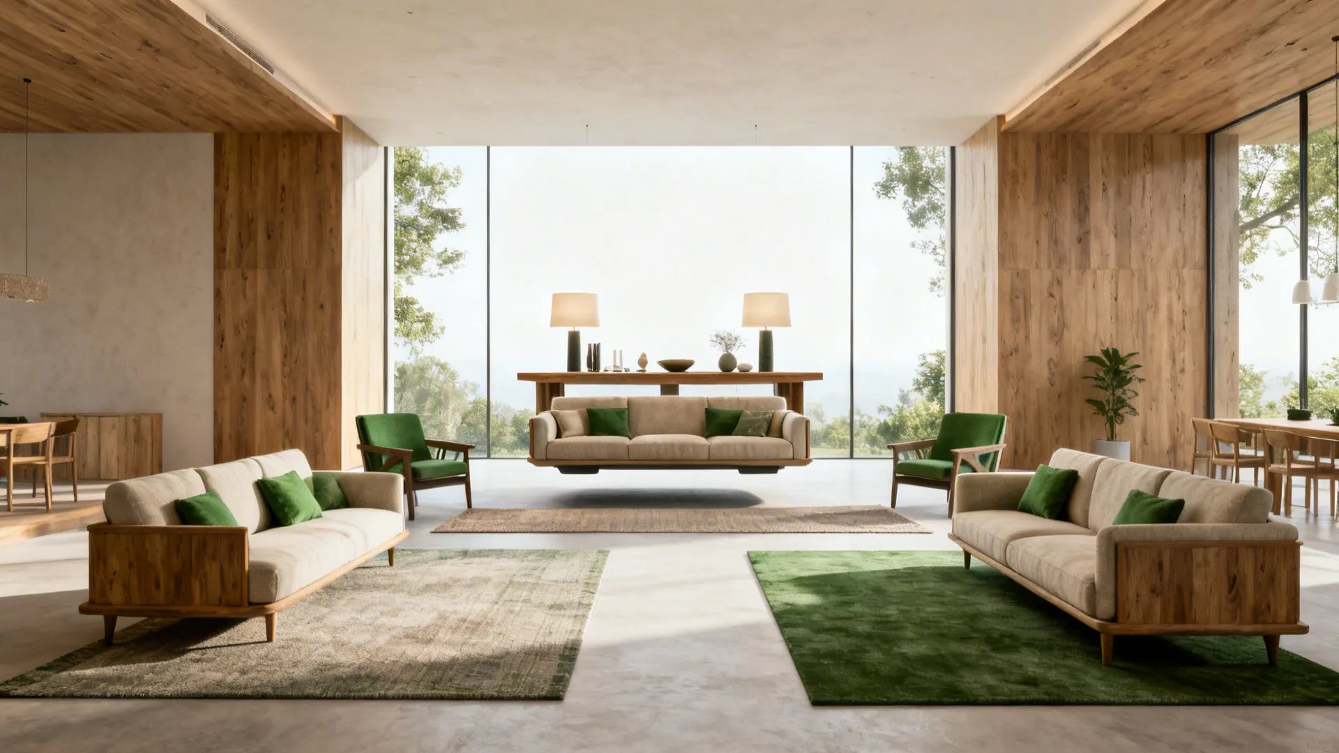 Floating sofas and chairs with console table and rugs creating natural circulation paths