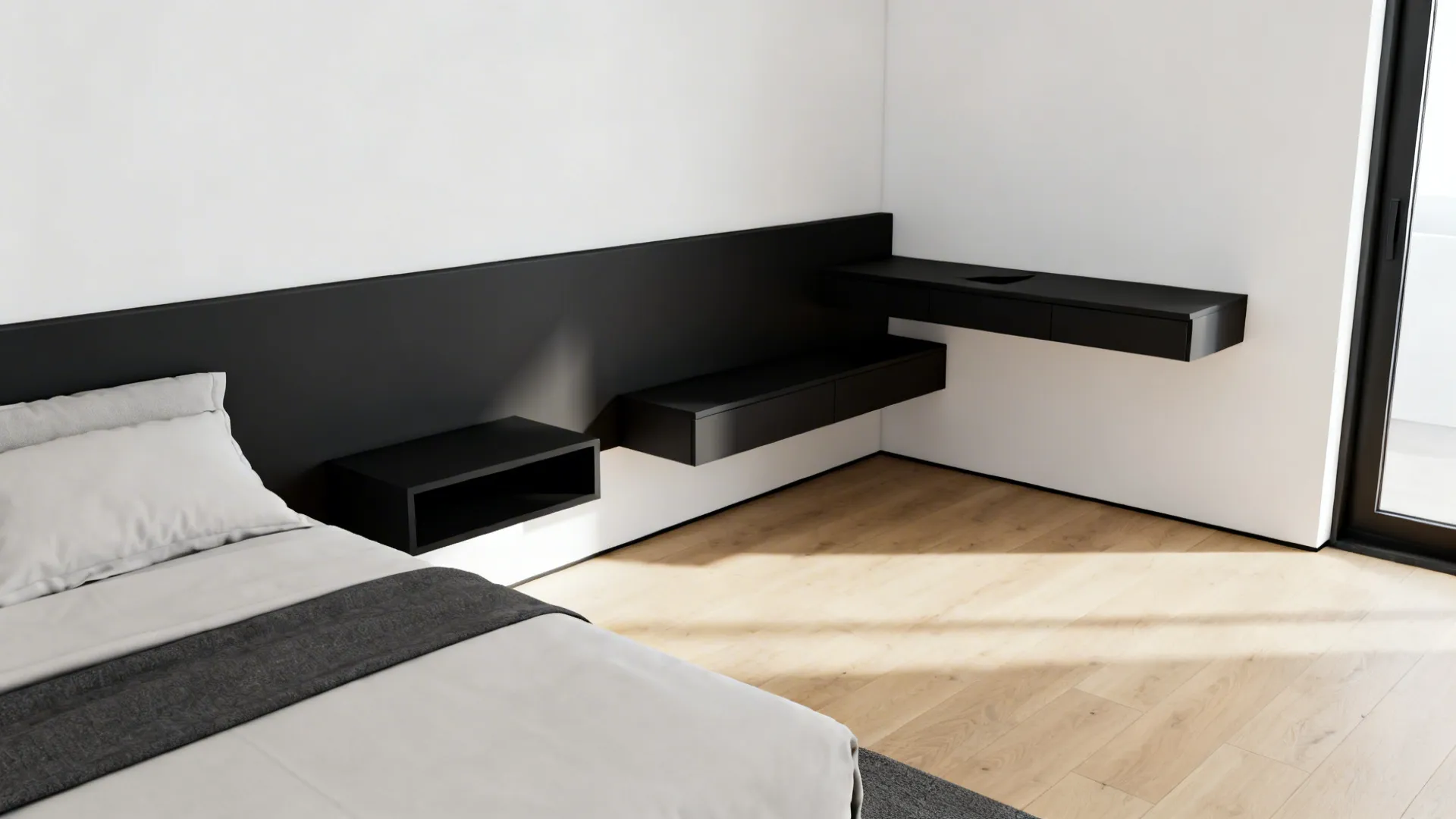 Minimalist black floating shelves and wall-mounted desk in a small white bedroom, maximizing floor space.