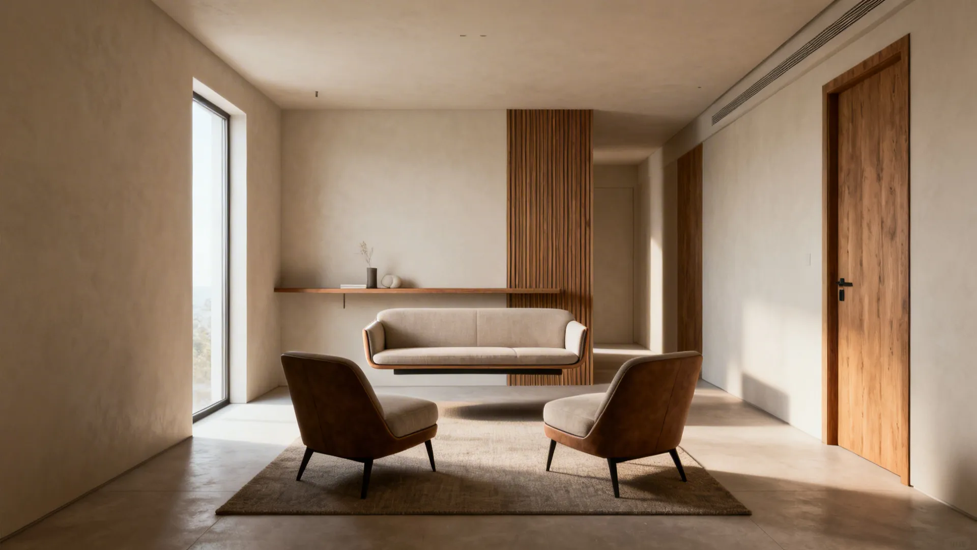 Small living room with a slim sofa floated from the wall, two chairs, and a narrow console behind the sofa.