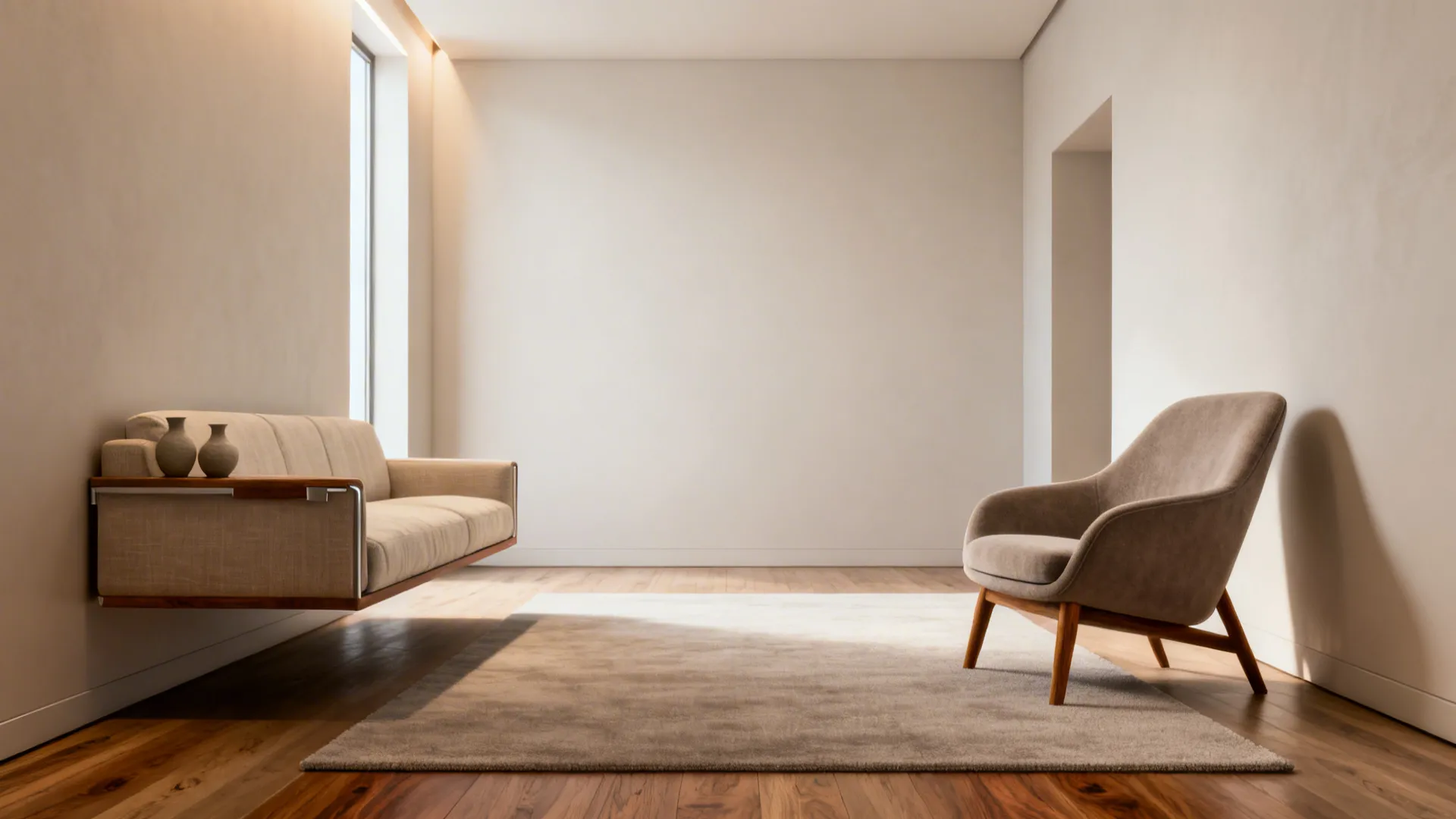 Narrow living room with sofa floated from wall and angled chair creating open sightlines