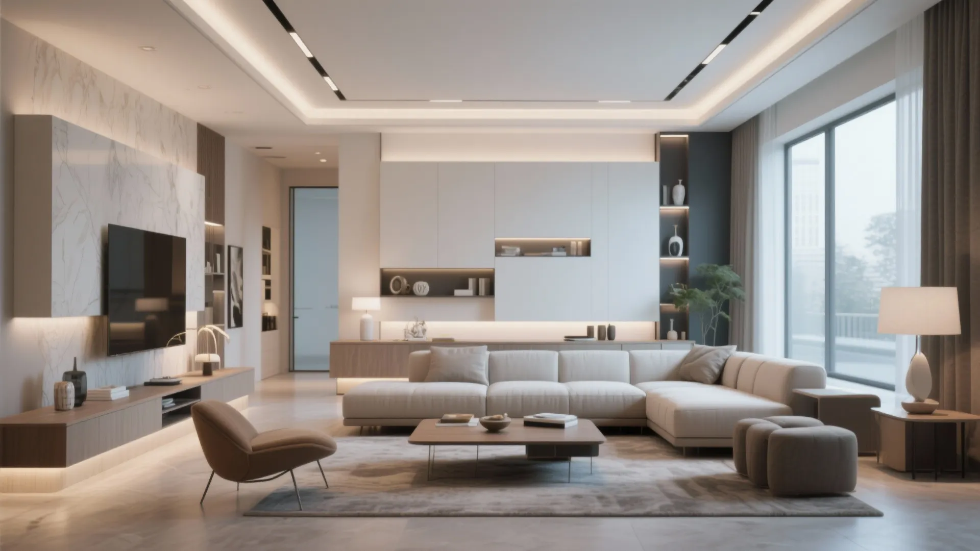 Modern luxury living room with cream sofa coffee table rug wall lights and large television