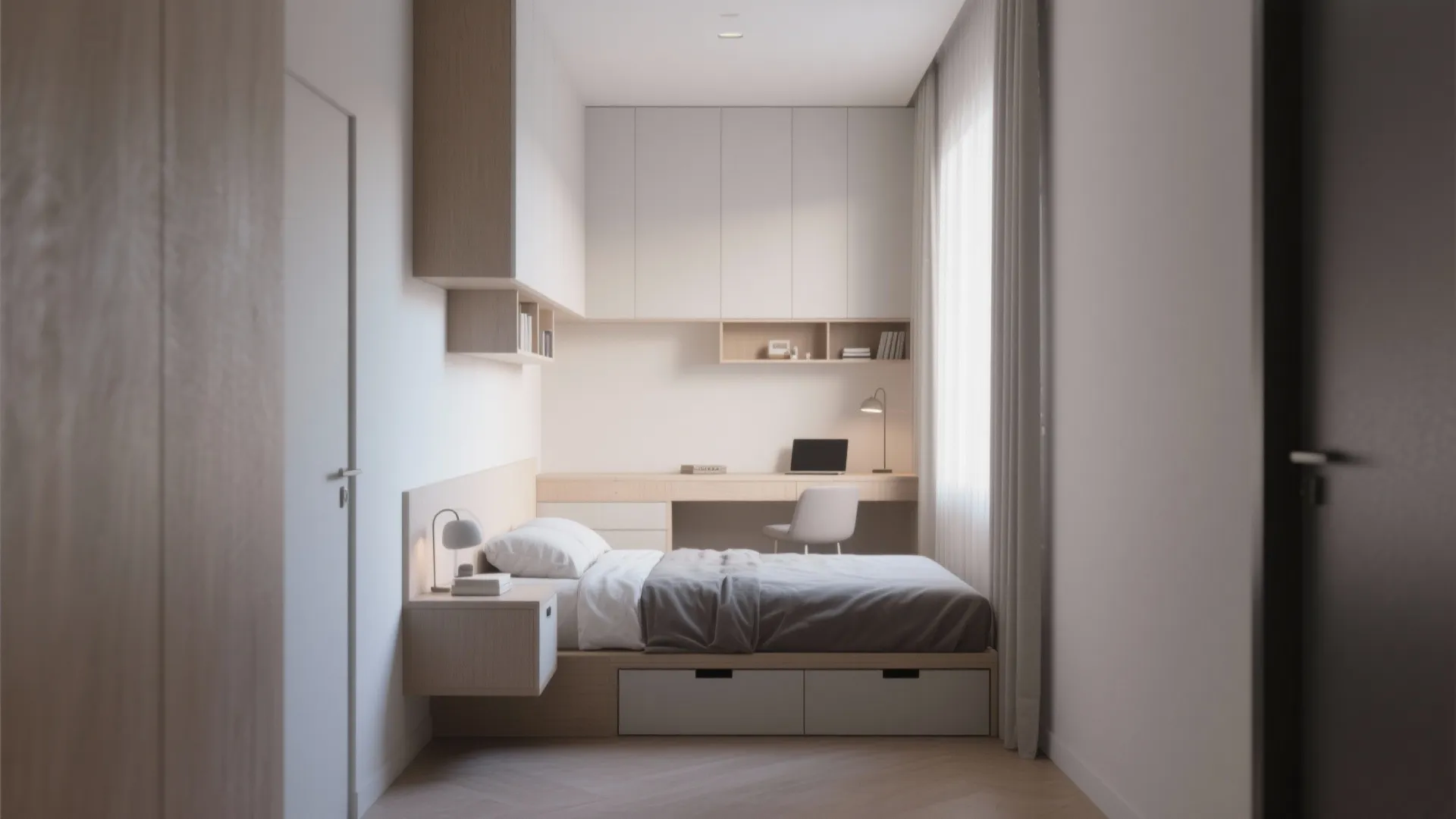Modern small bedroom with built-in bed drawers wooden desk white wall cabinets and light grey bedding