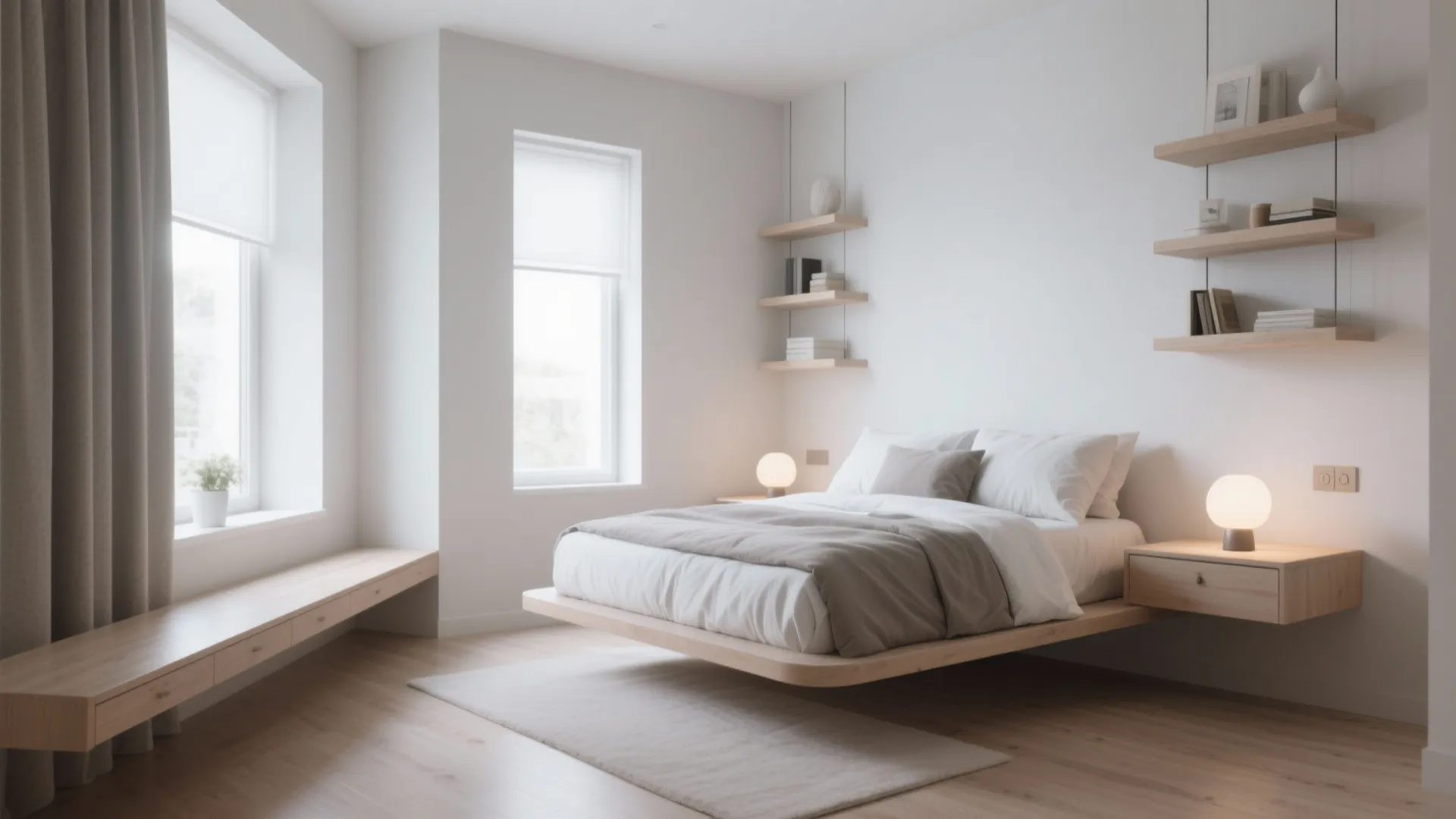 Modern minimalist bedroom featuring a floating wooden bed frame and wall mounted shelves with natural light