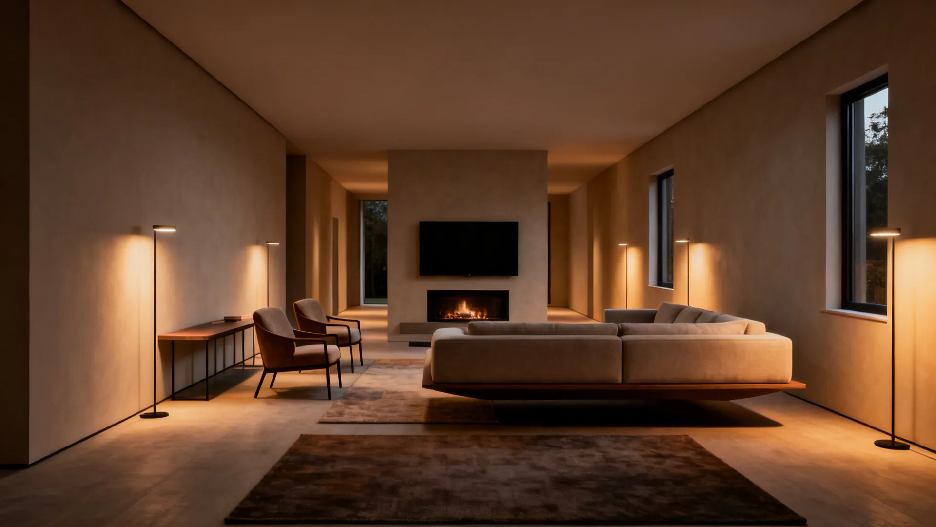 Minimalist living room with floating sofa two armchairs several floor lamps and a small fireplace