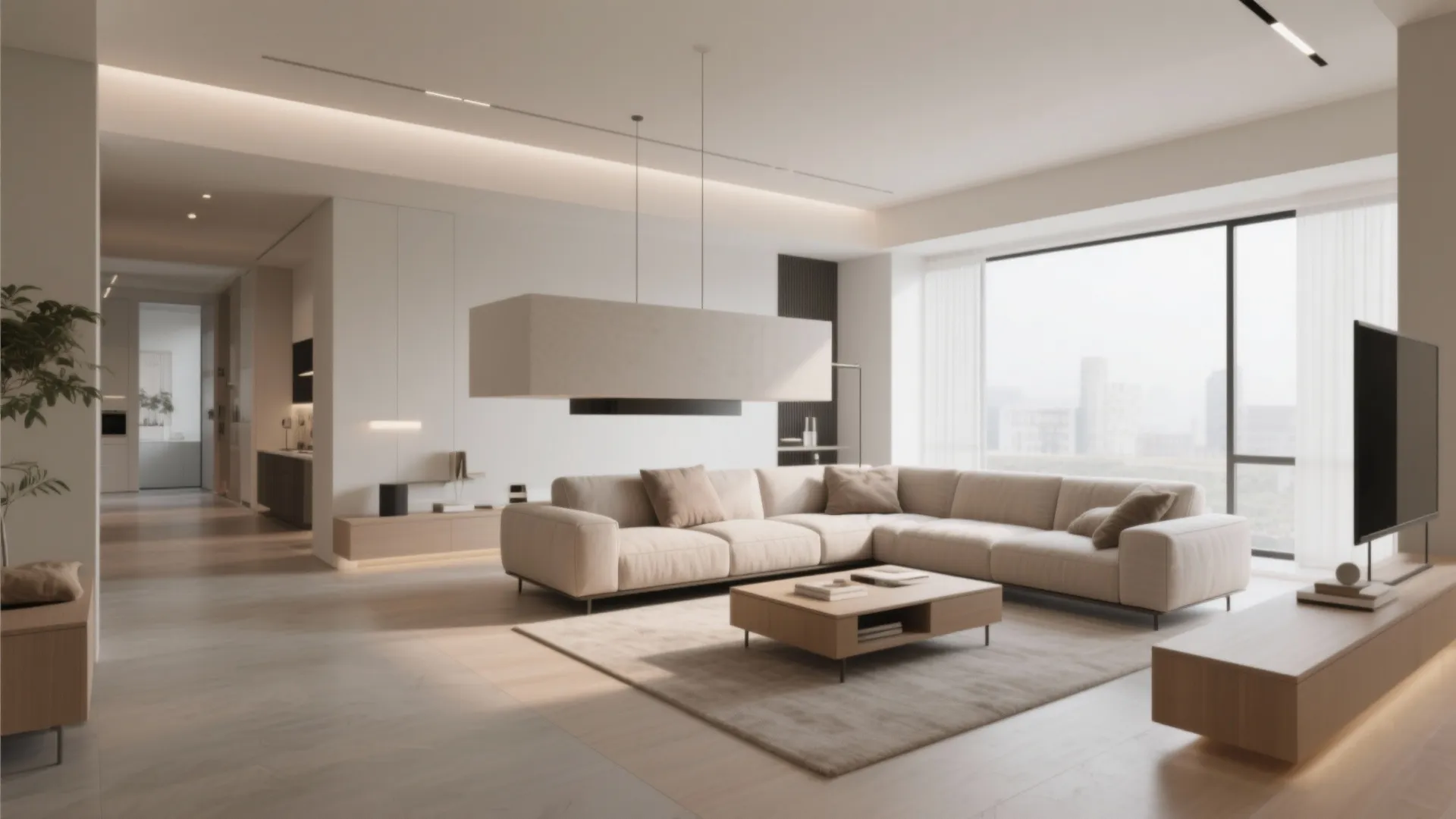 Minimalist living room featuring beige sofa, wooden coffee table, rug, and rectangular hanging ceiling light