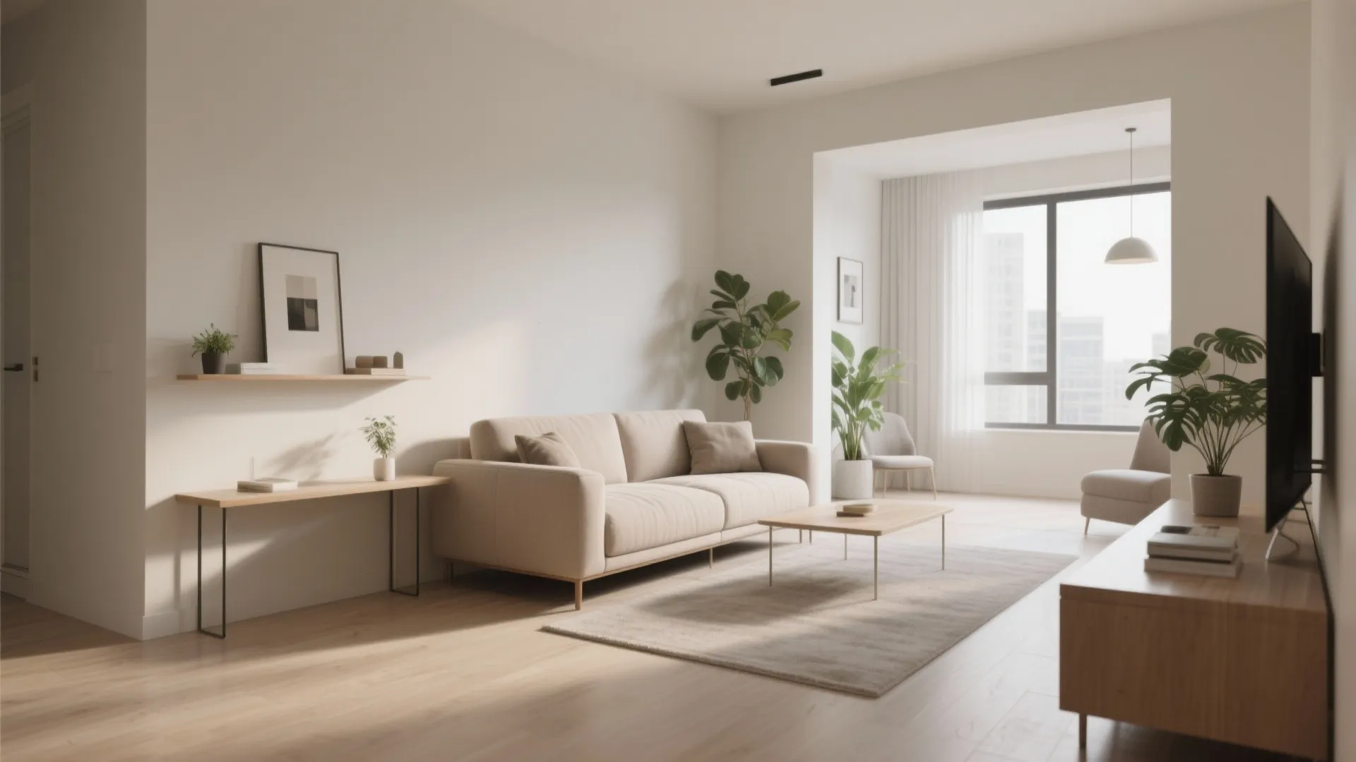 Minimalist living room with beige sofa wooden coffee table green plants and wooden tv stand
