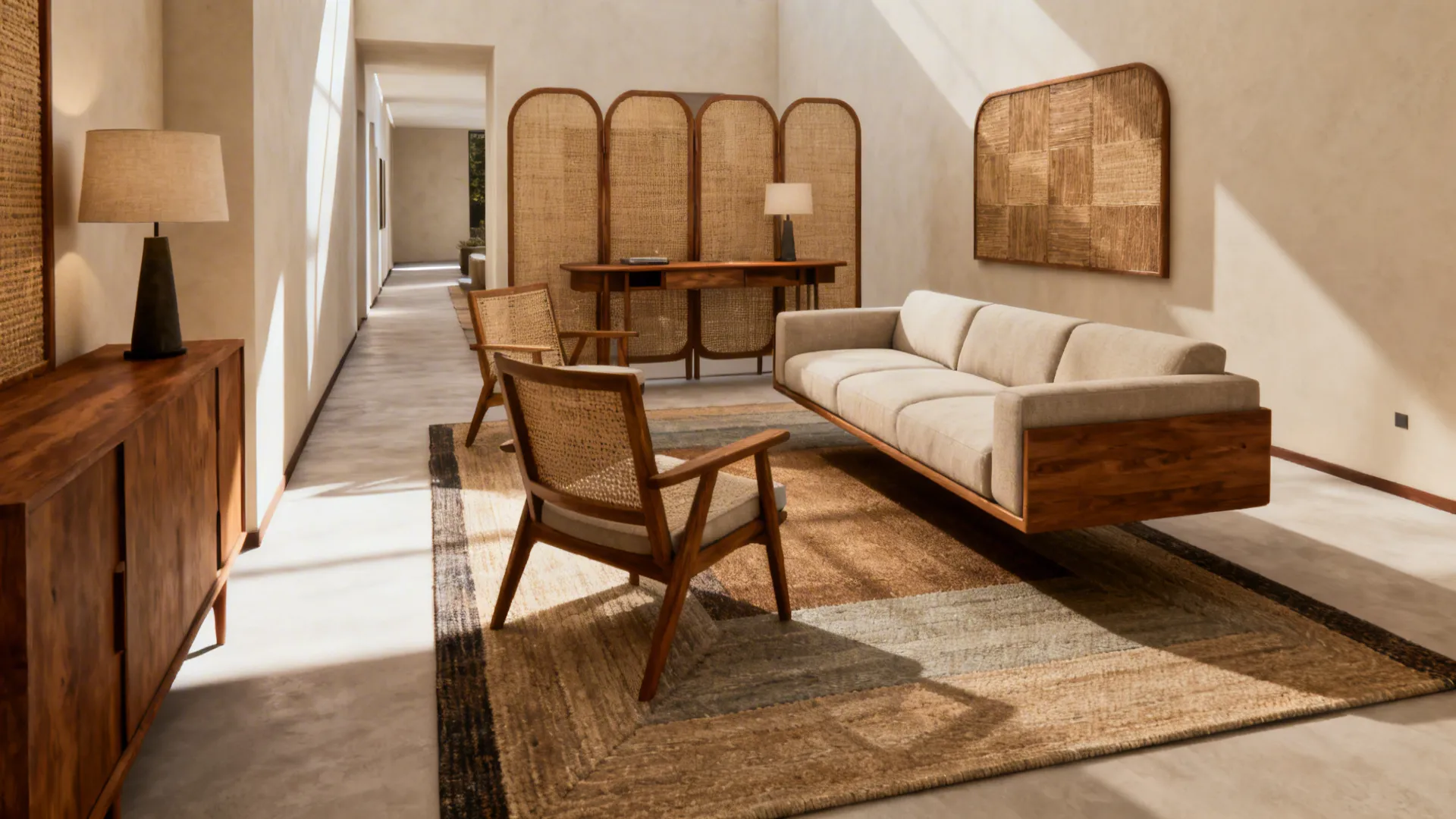 Narrow living room with floated seating around a rug creating improved circulation and layered styling.