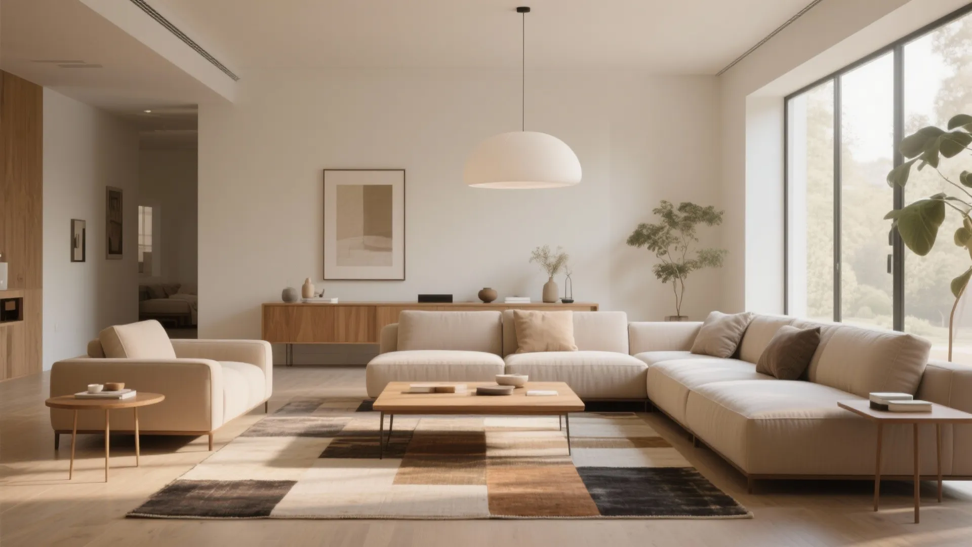 Minimalist living room featuring cream sectional sofa wooden coffee table patterned rug and large bright windows