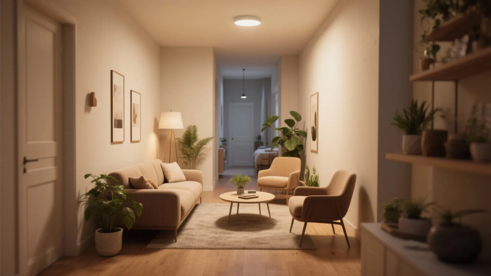 Floating furniture arrangement in a narrow living room