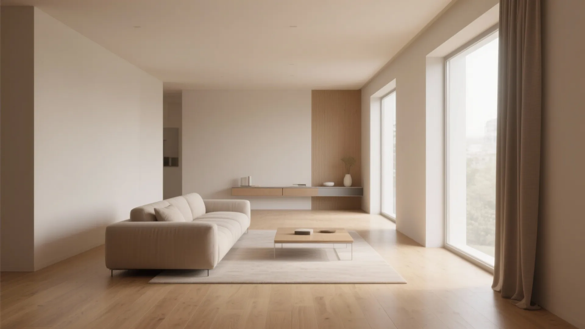 Minimalist living room layout with a cream sofa floating on a rug near large windows