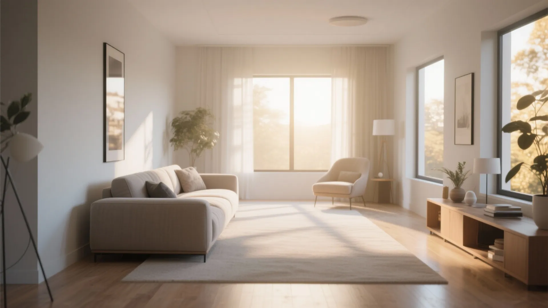 Minimalist living room with beige sofa armchair wooden cabinet and large windows letting in natural sunlight