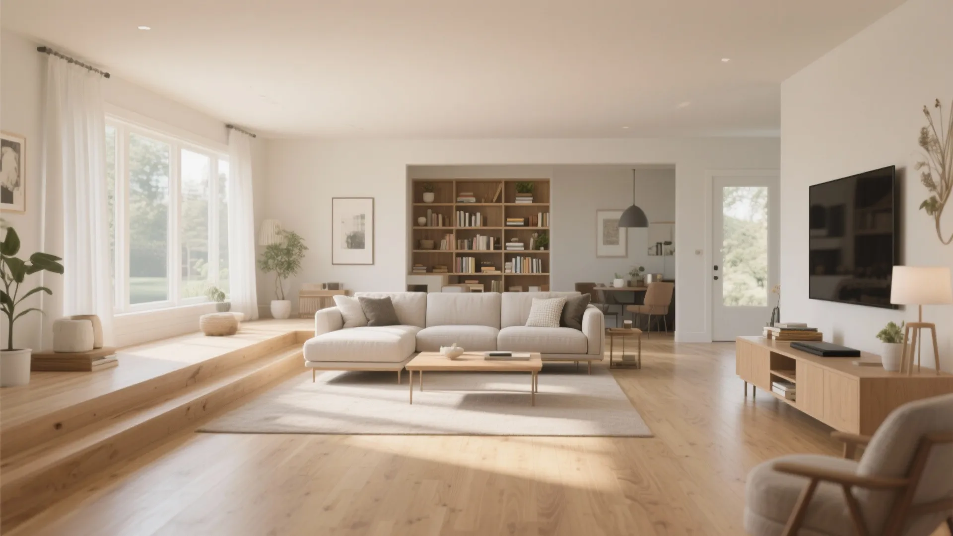 Spacious living room with white sofa on rug plus wooden bookshelf and large bright windows