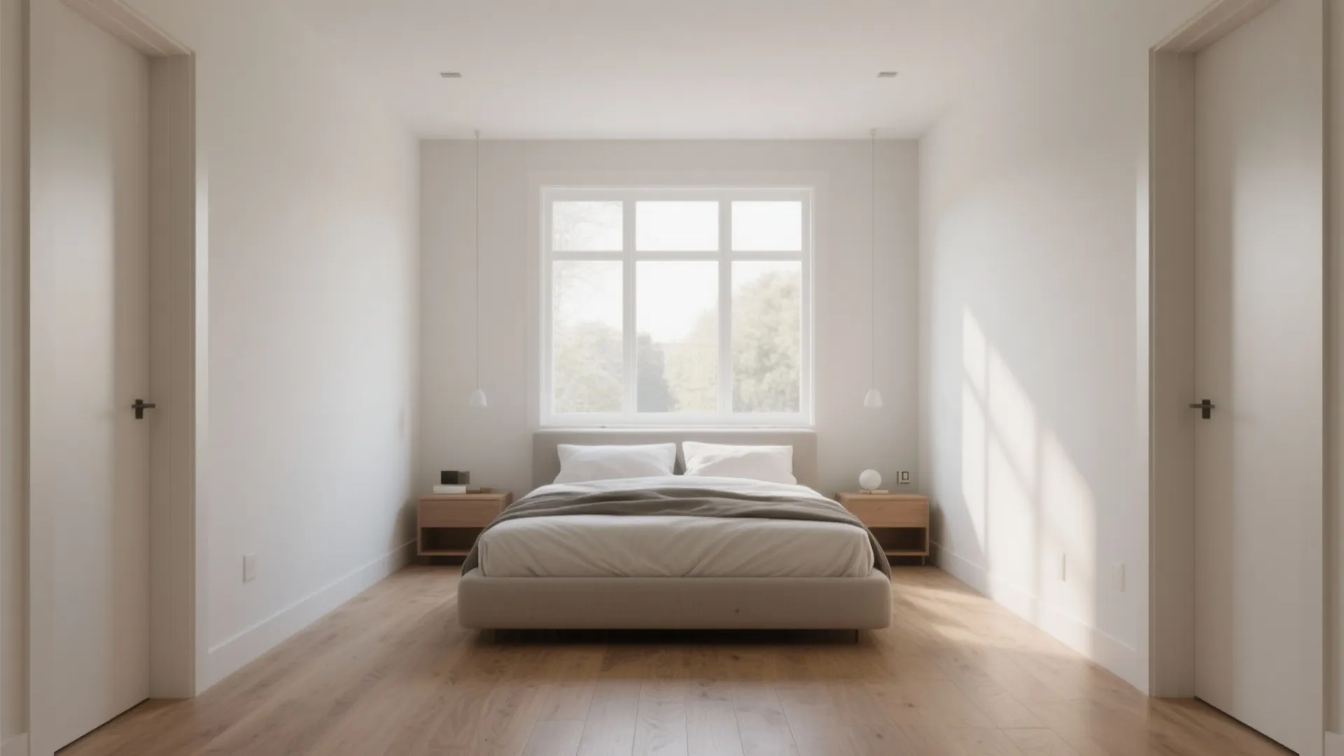 Minimalist white bedroom with large window wooden floor two side tables and neutral bed frame design