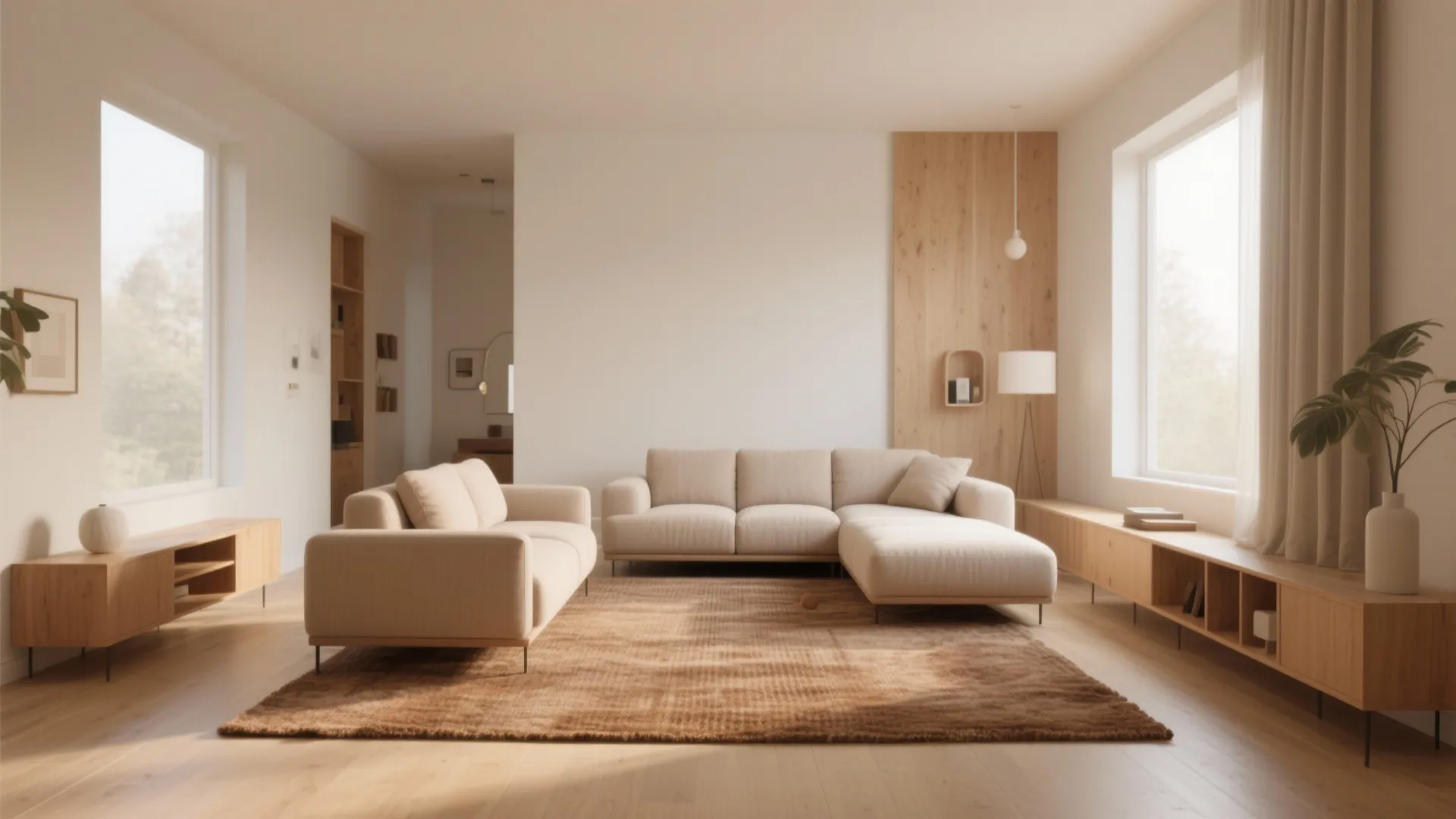 Minimalist living room design with cream sofa brown rug wooden cabinets and large bright windows