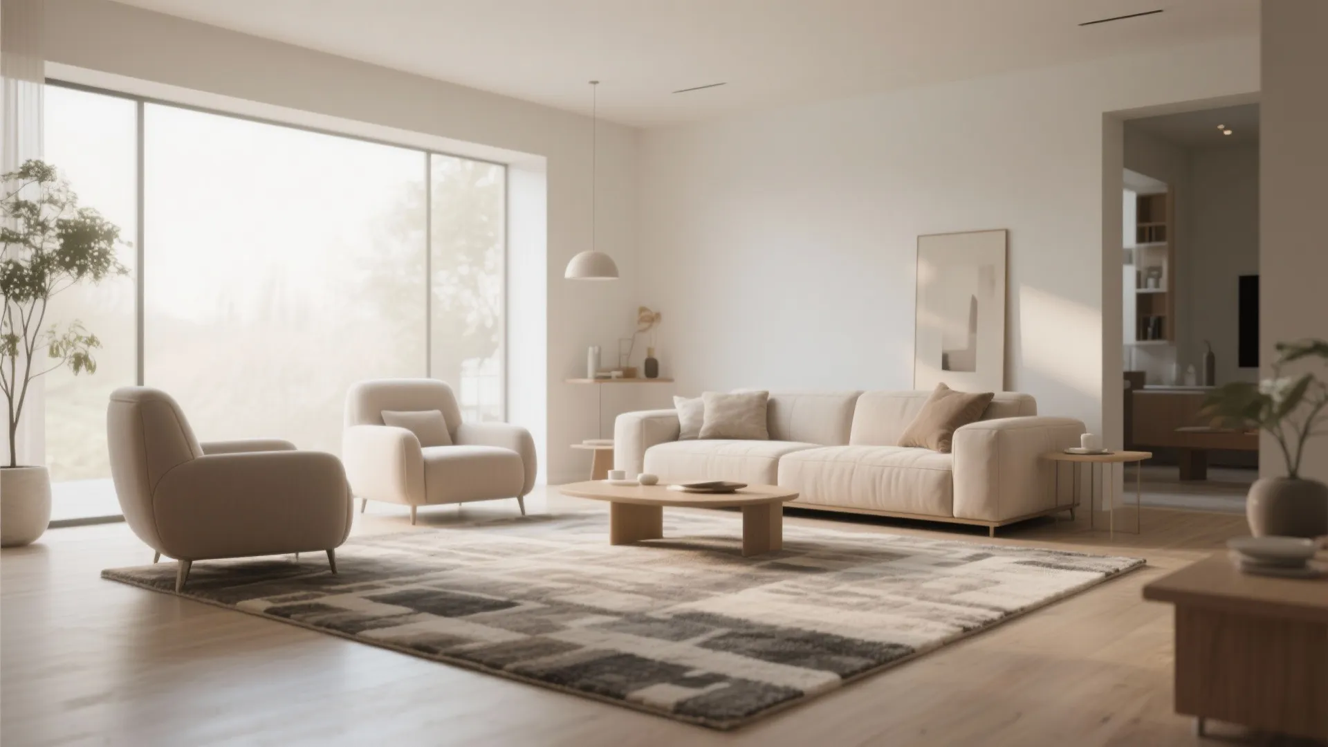 Modern minimal living room featuring cream sofa and two armchairs on large rug with windows