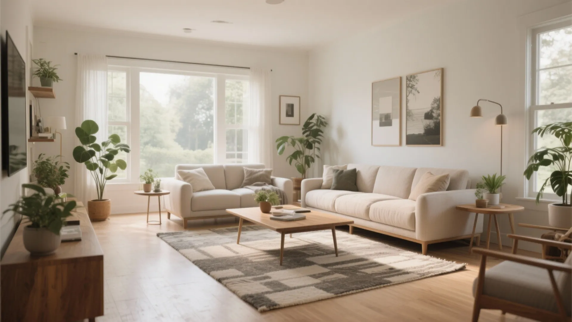 Modern living room featuring a white sofa wood coffee table indoor plants and natural light