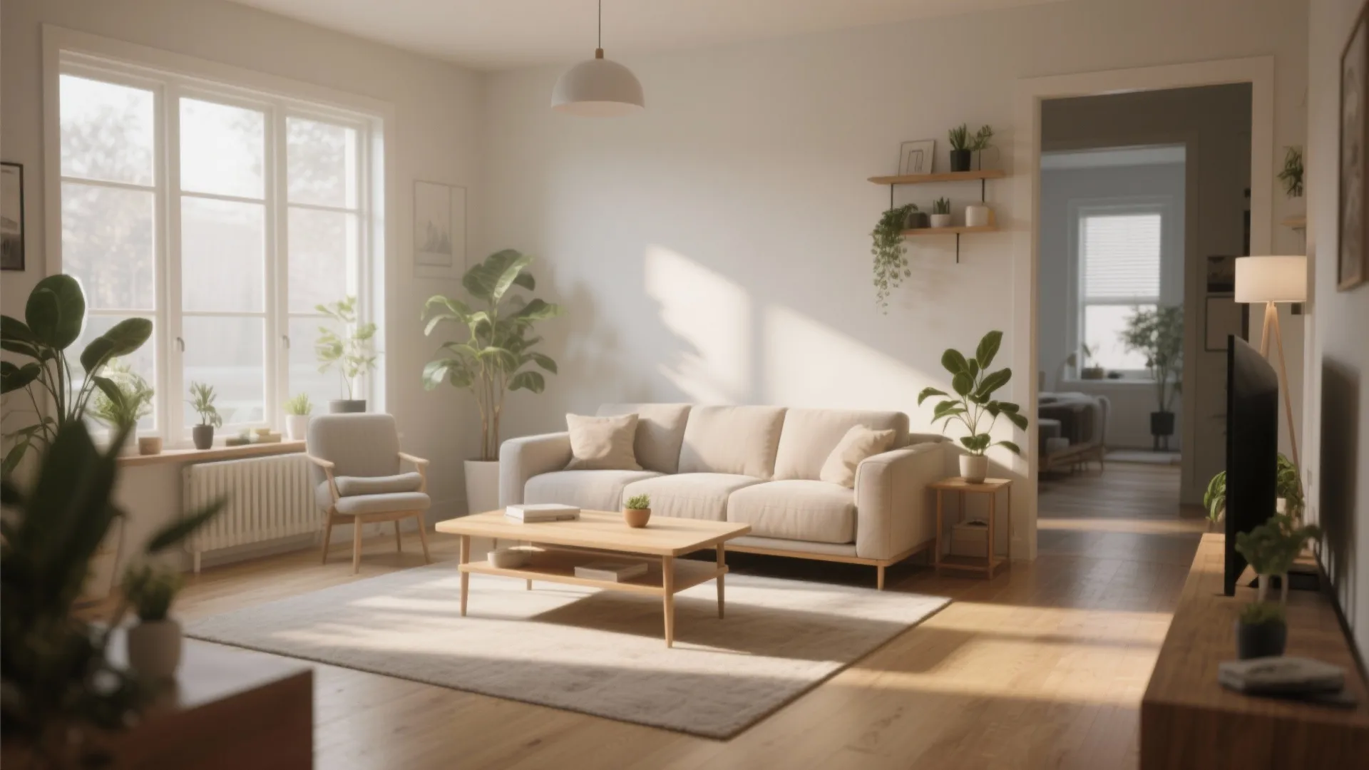 Bright living room with light sofa wooden coffee table green plants and large white windows