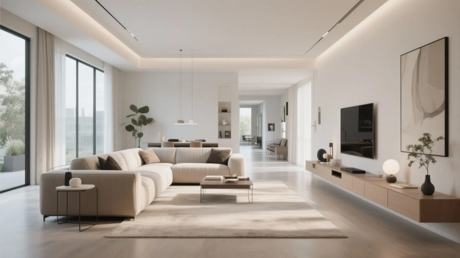 Modern living room with a cream sofa, rug, wooden wall cabinet, television, and large glass windows