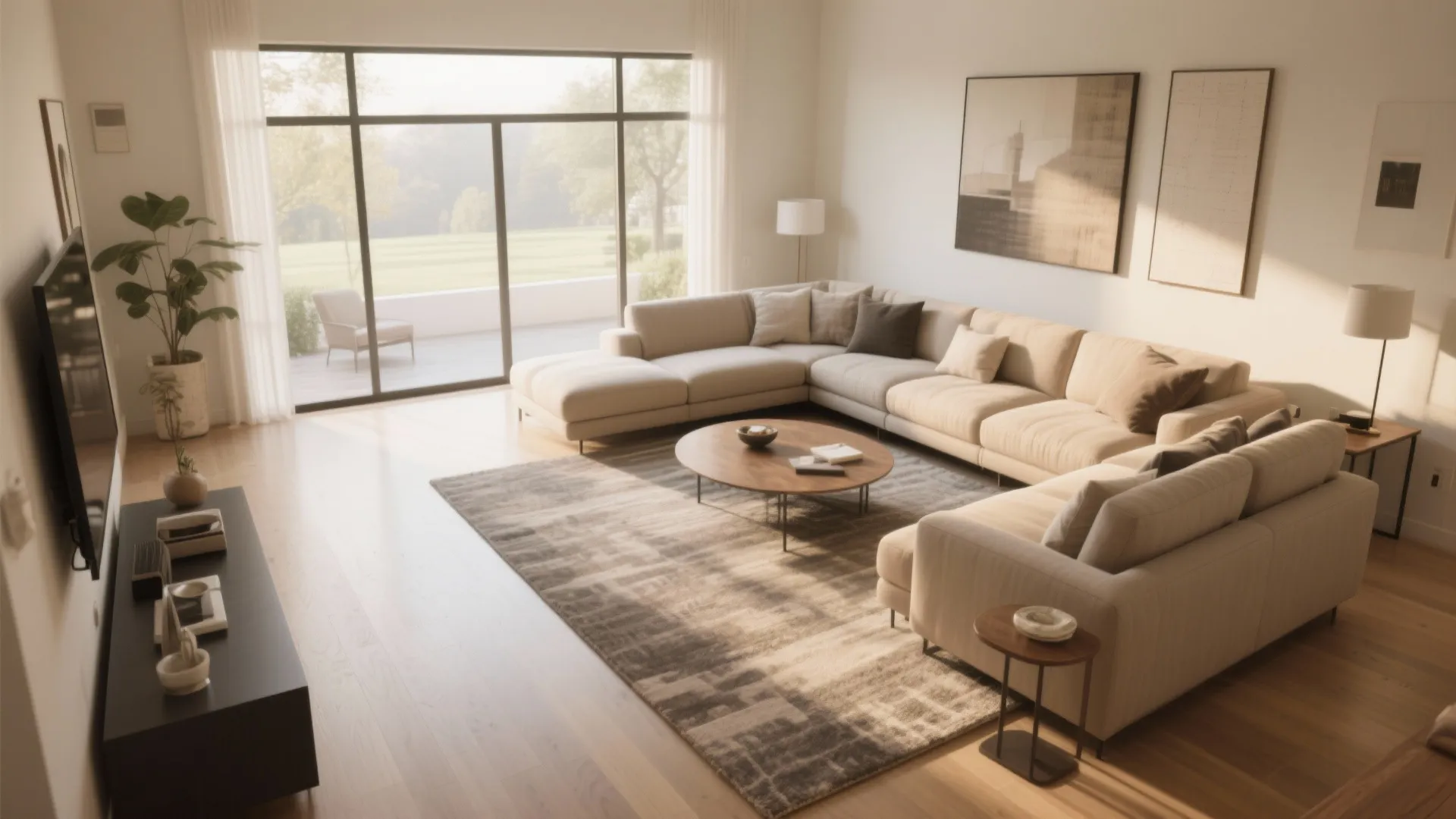 Large beige sectional sofa on a patterned rug in a bright modern living room interior