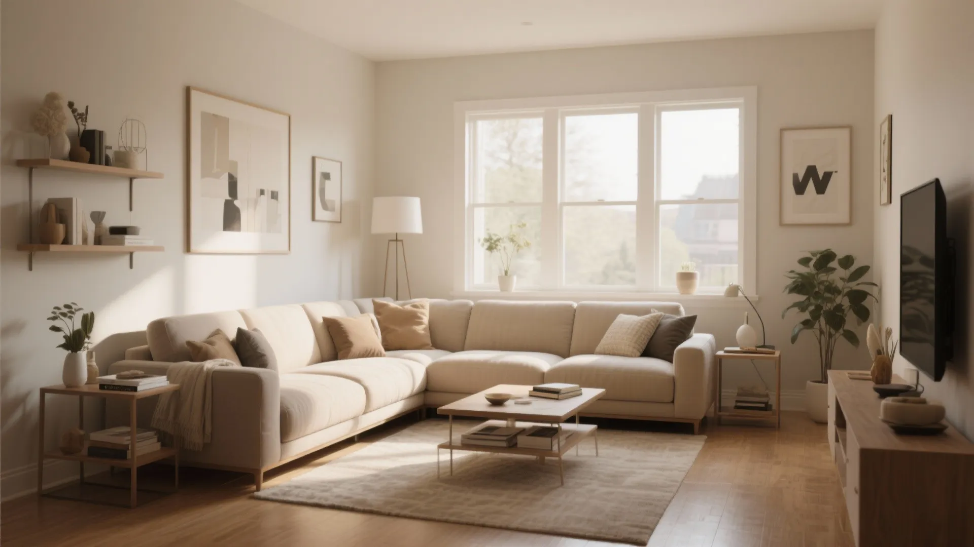 Cozy living room interior featuring sectional sofa wooden wall shelves television cabinet and large windows view
