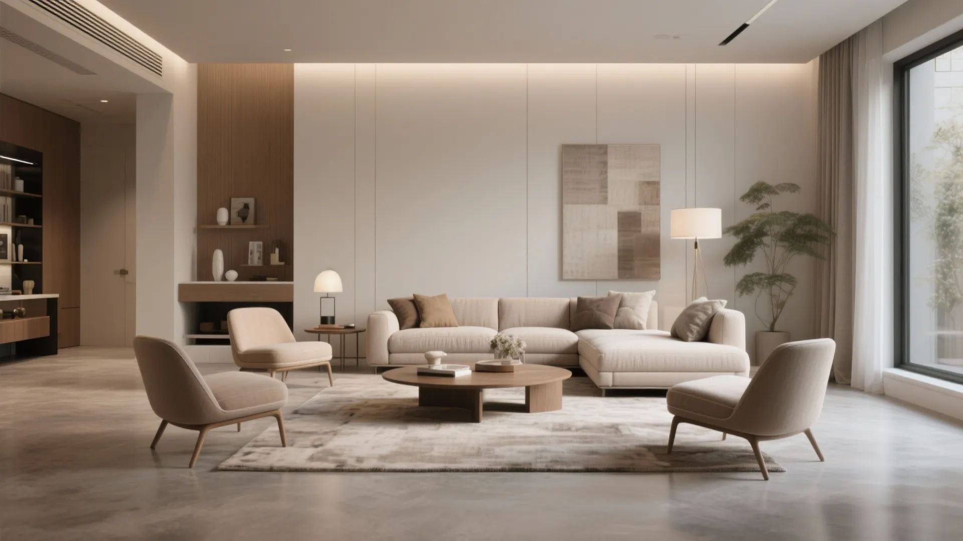 Modern minimal living room with beige sofa wood coffee table two armchairs and floor lamp