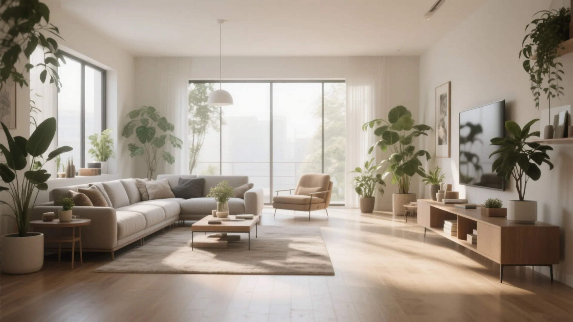 Bright living room with white sofa wooden floor green plants and large windows with sunlight