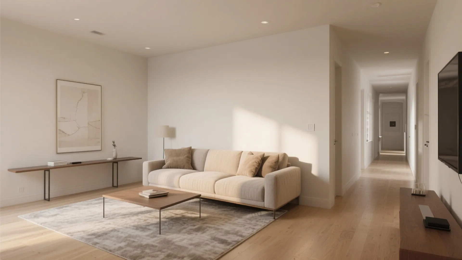 Bright living room with beige sofa coffee table area rug and long hallway with windows