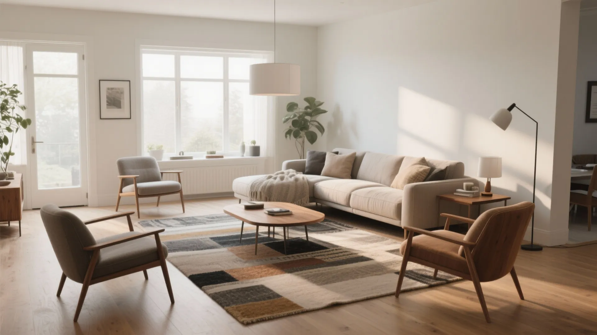 Bright living room design with large sofa wooden armchairs patterned rug and round ceiling light