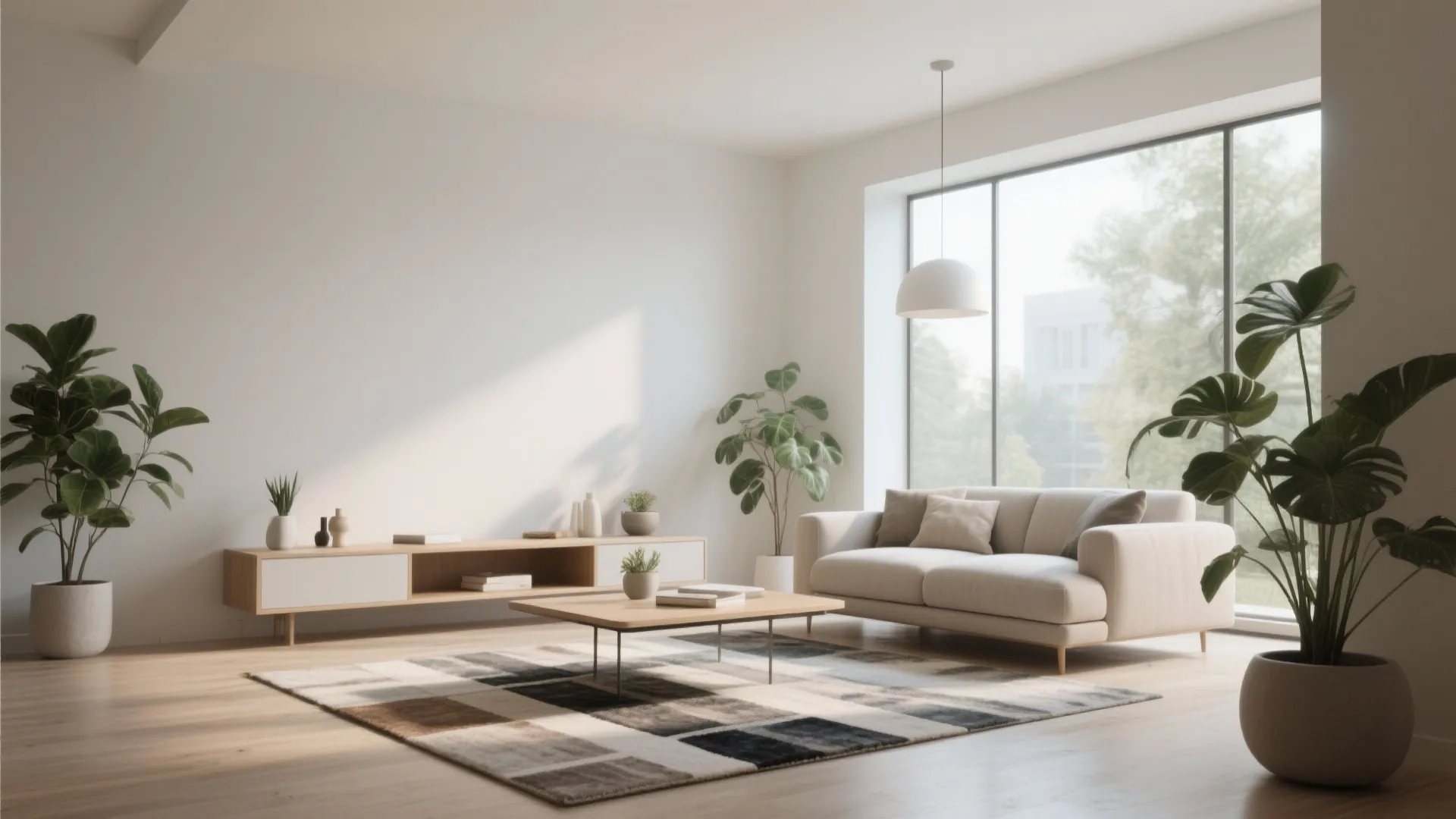 Minimalist living room with white sofa wooden cabinet green plants and large window with light