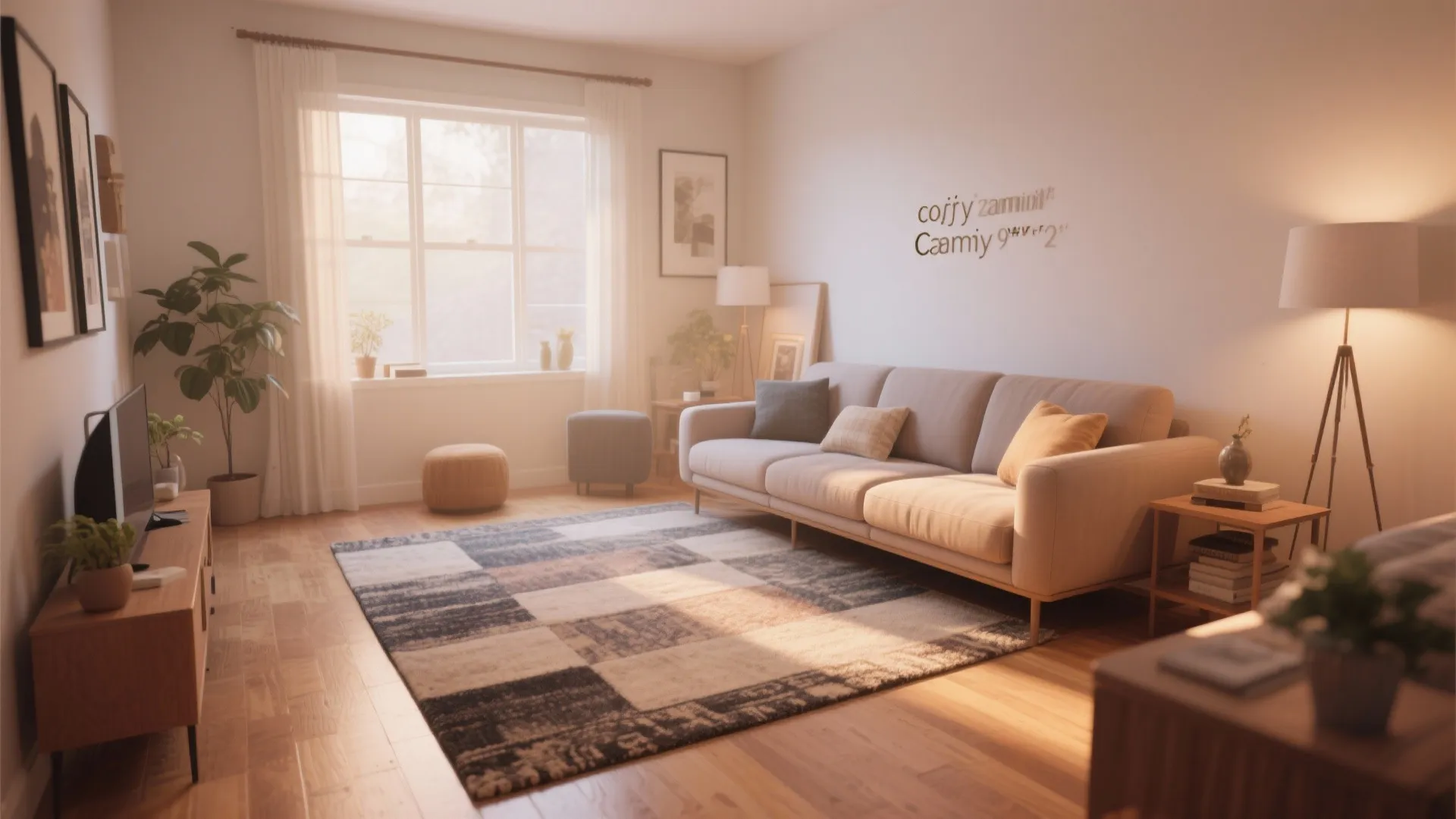 Warm living room featuring grey sofa patterned rug wooden cabinet floor lamp and bright window