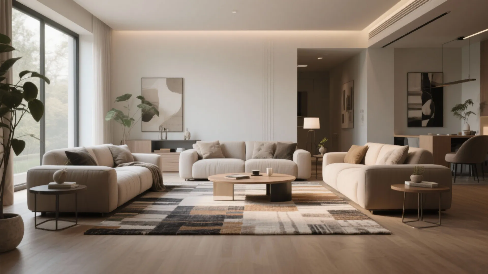 Modern cream living room with three sofas arranged around a wooden coffee table and rug