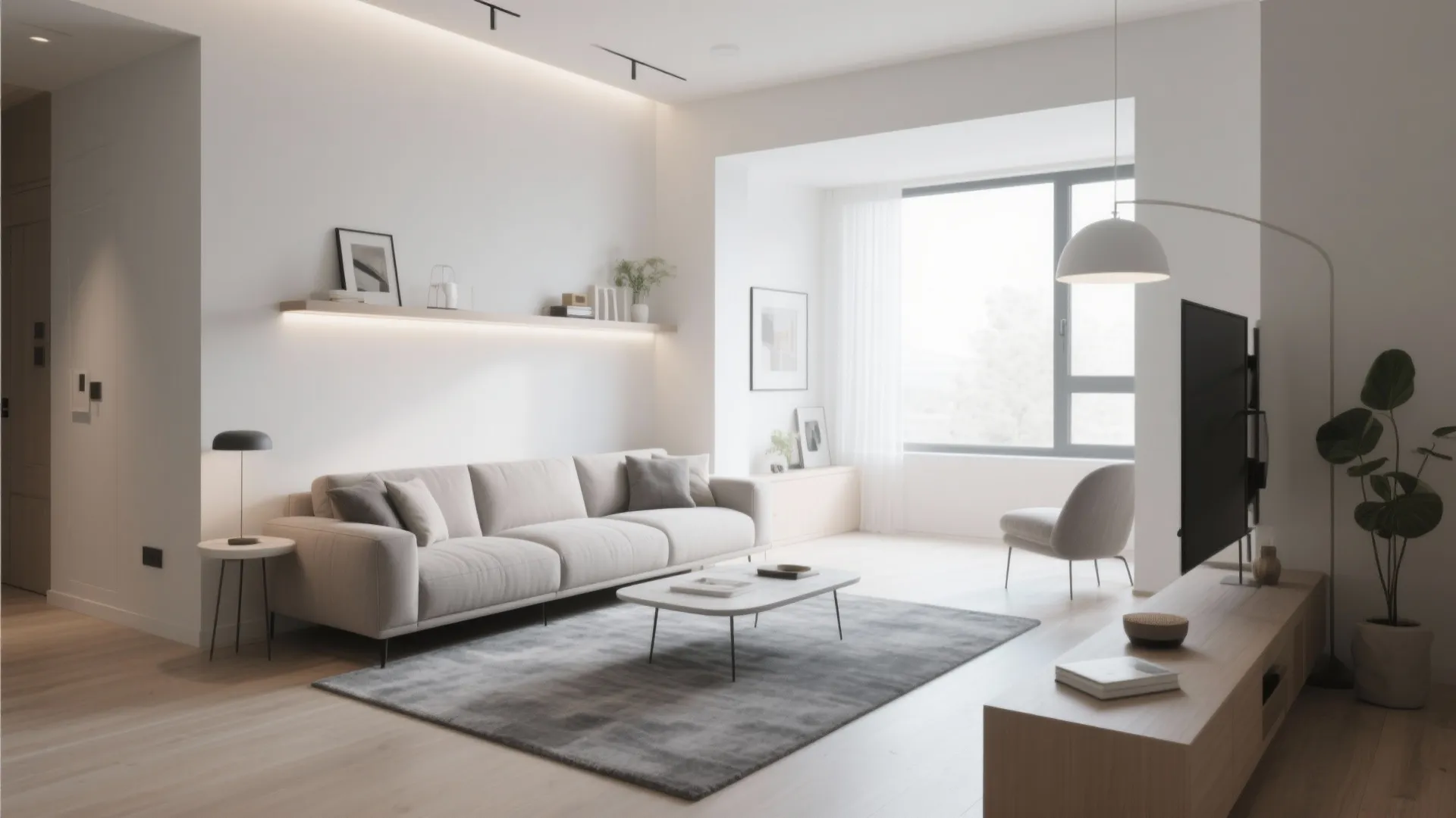 Floating sofa and coffee table in the center of a small living room
