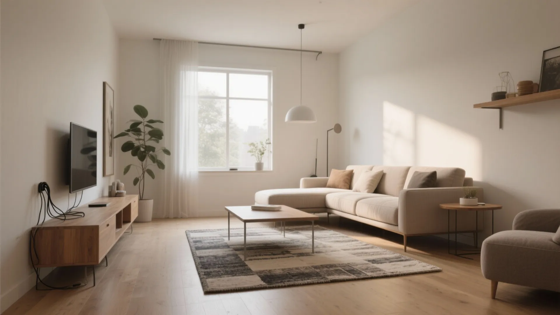 Bright living room with a beige sofa wooden cabinet large window grey rug and plant