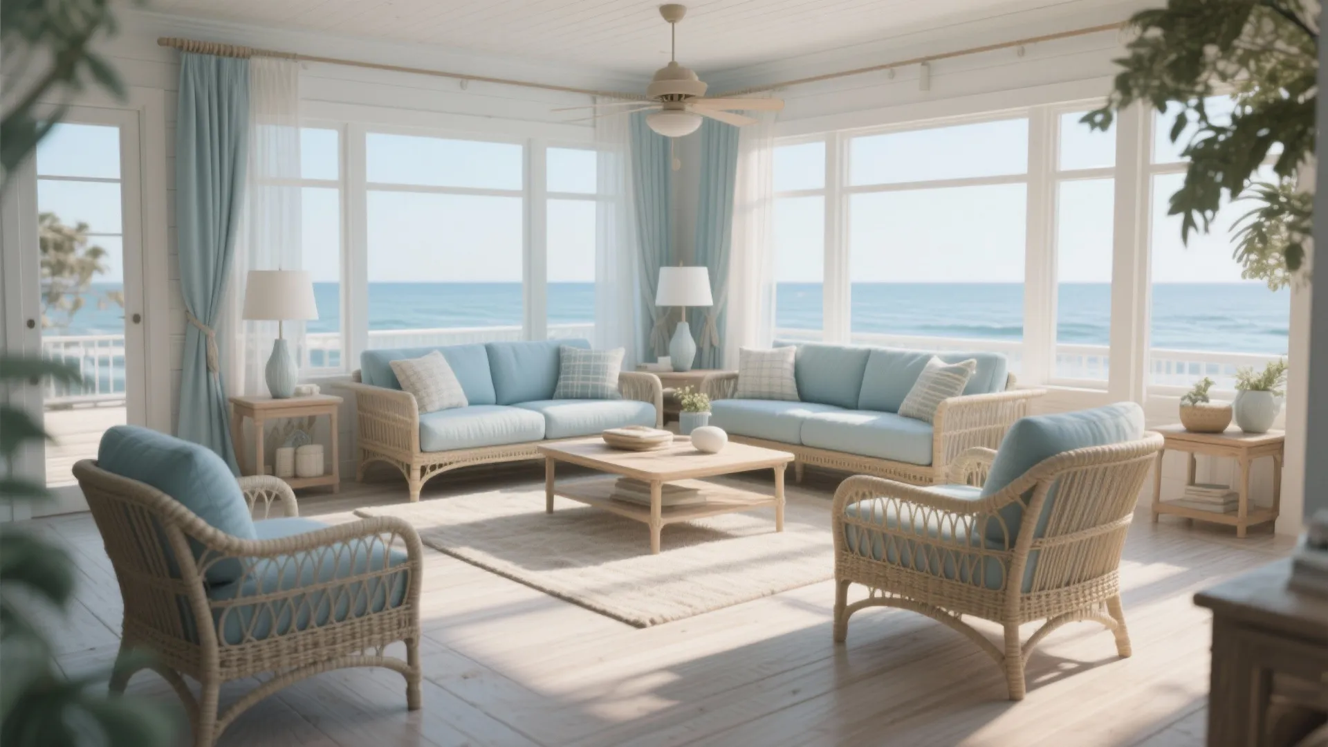 Sunroom with blue sofas, wicker chairs, wooden coffee table, and view of the blue ocean