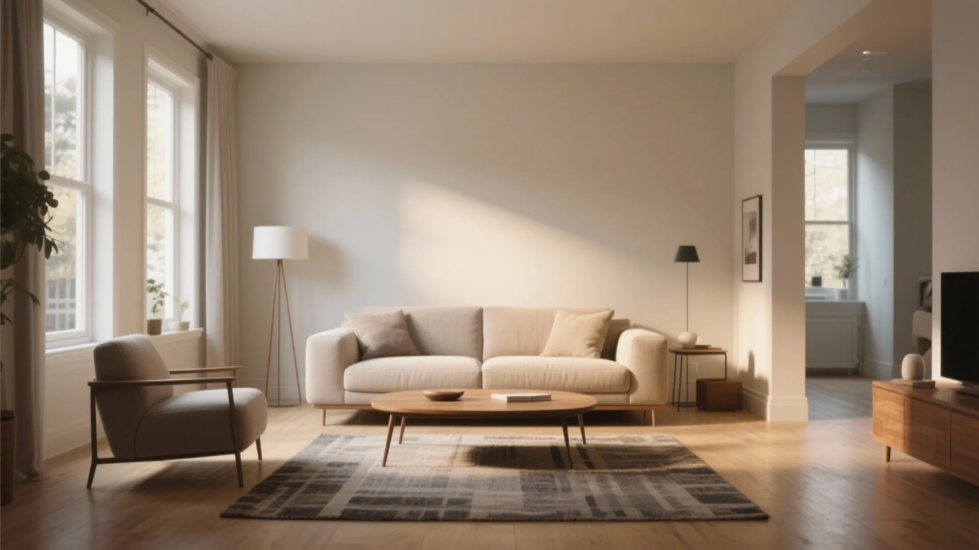 Bright minimal living room showing cream sofa armchair wooden coffee table floor lamp and area rug