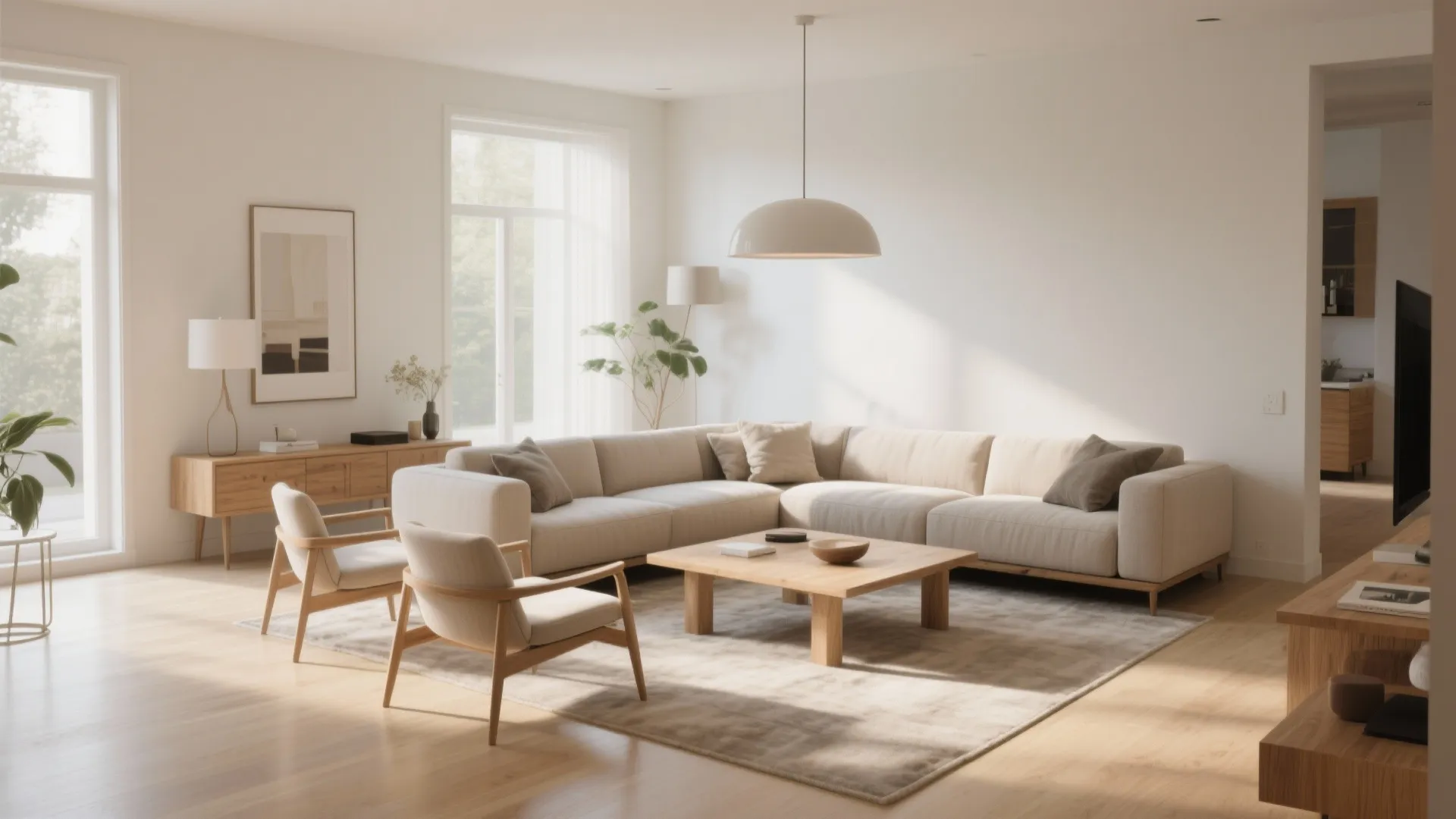 Floating sofa and chairs arrangement with console table in 12x19 living room