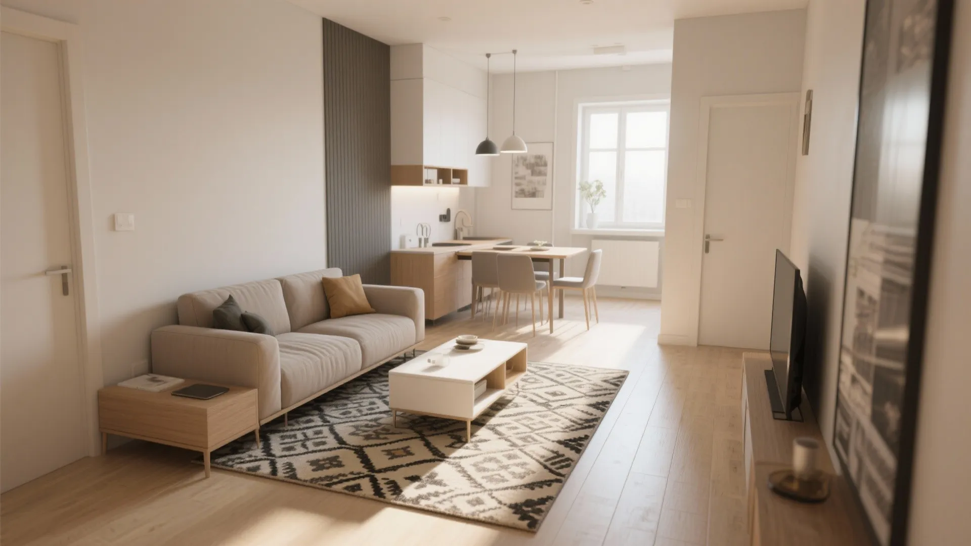 Modern apartment interior design with beige sofa white coffee table and wood kitchen cabinets layout