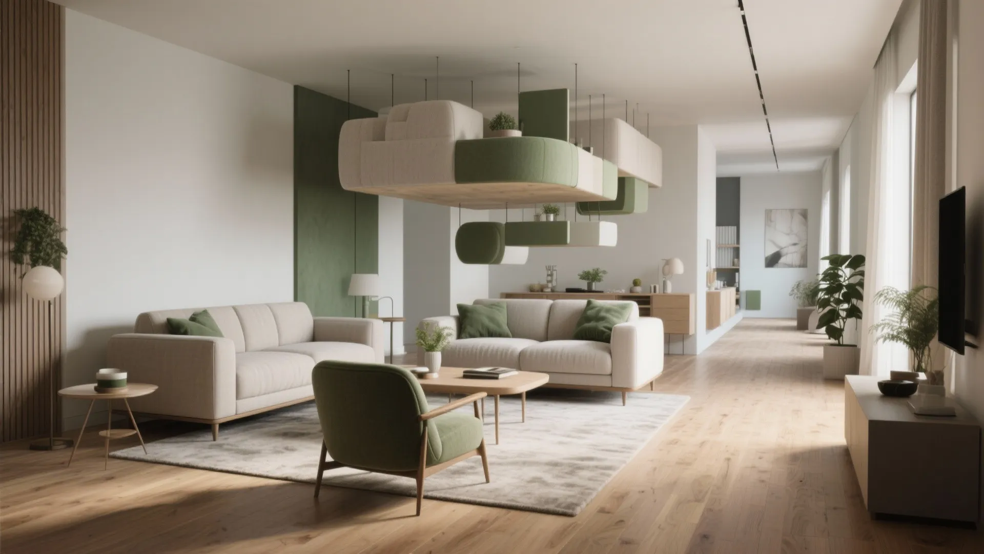 Living room with white sofas, green chairs, wood floors, and floating modular storage units hanging overhead