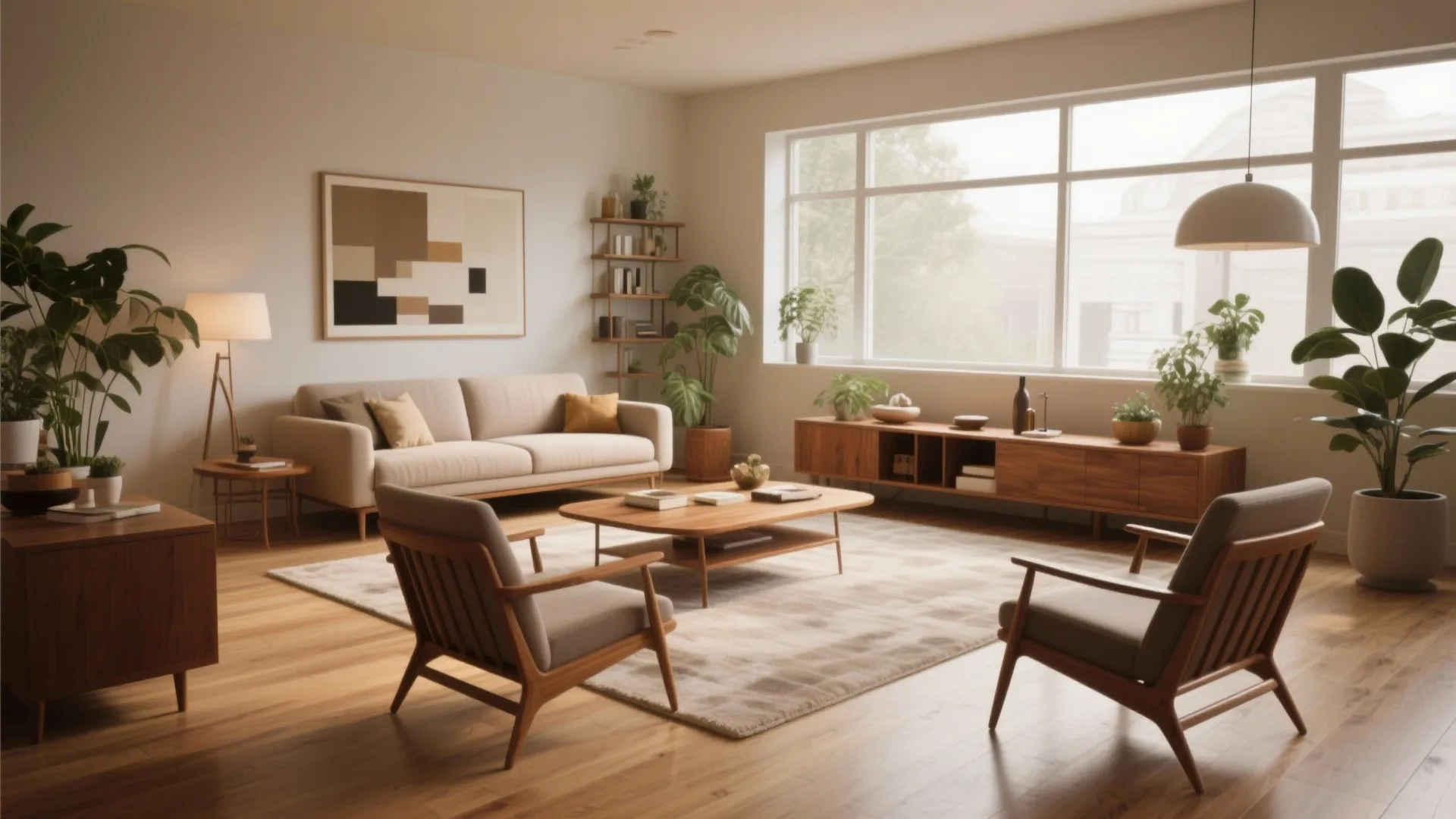 Bright living room with cream sofa wooden coffee table green plants large windows and ceiling light
