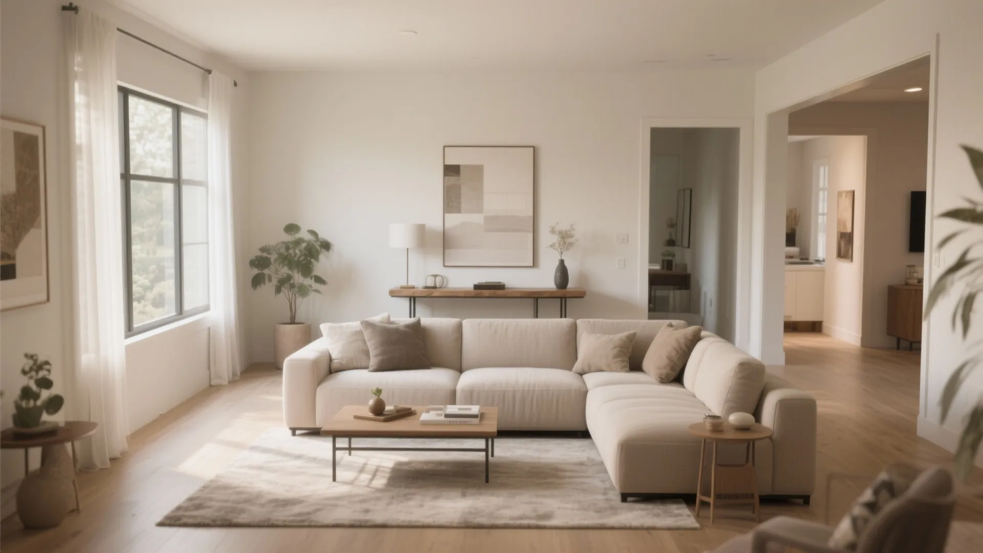 Modern minimal living room featuring cream sectional sofa wood coffee table and beige rug with window