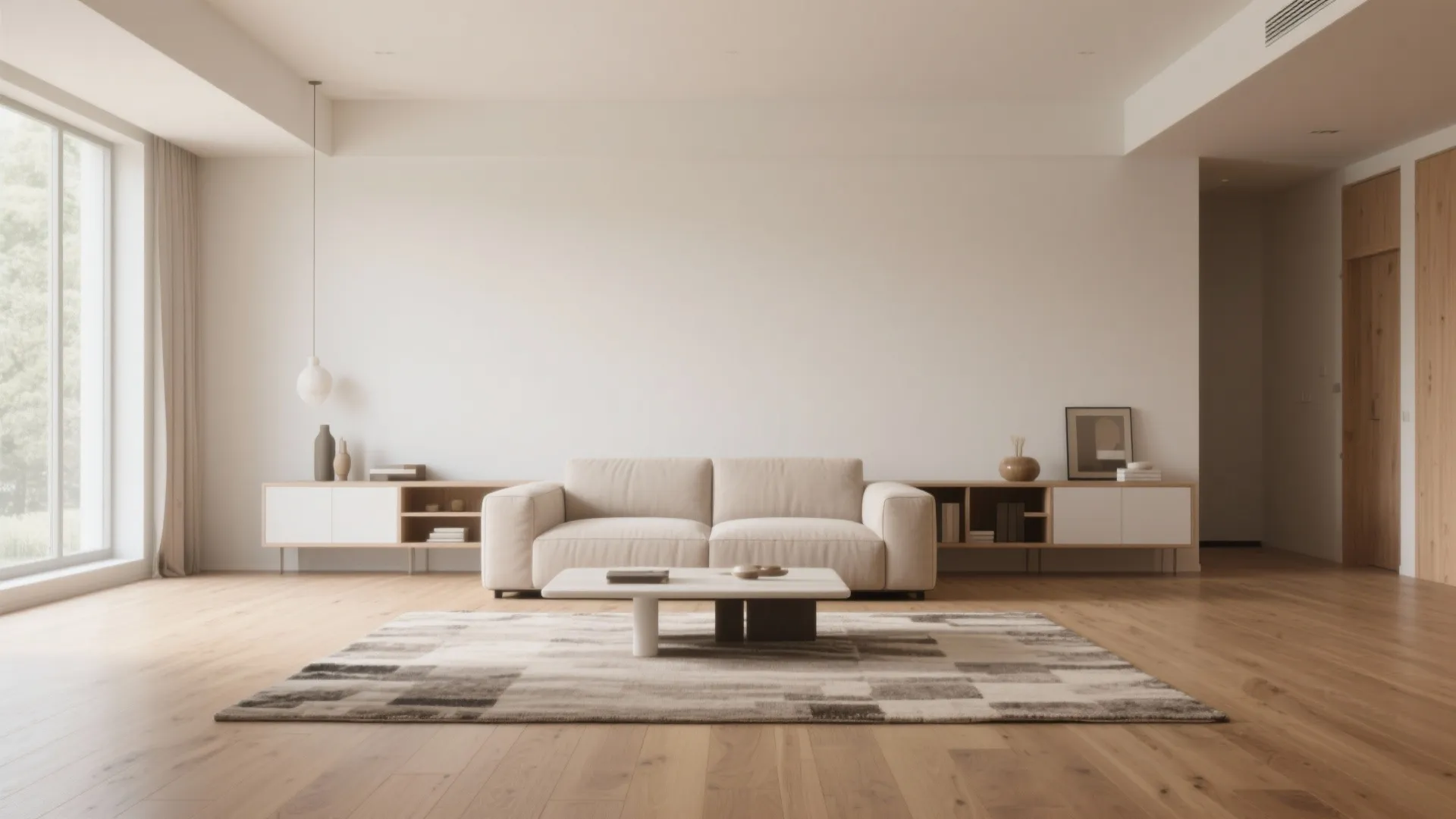 Central sofa in rectangular living room with storage console and warm tones