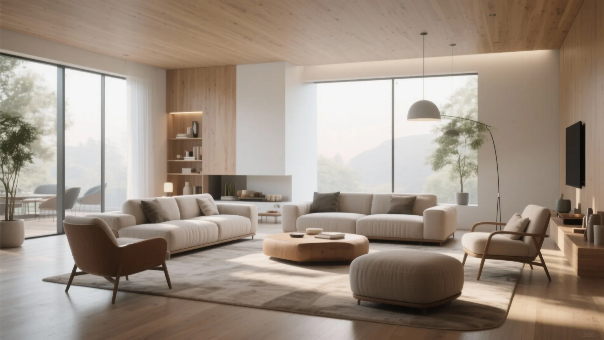 Spacious modern living room with large windows wooden ceiling beige sofas and a round wooden footrest