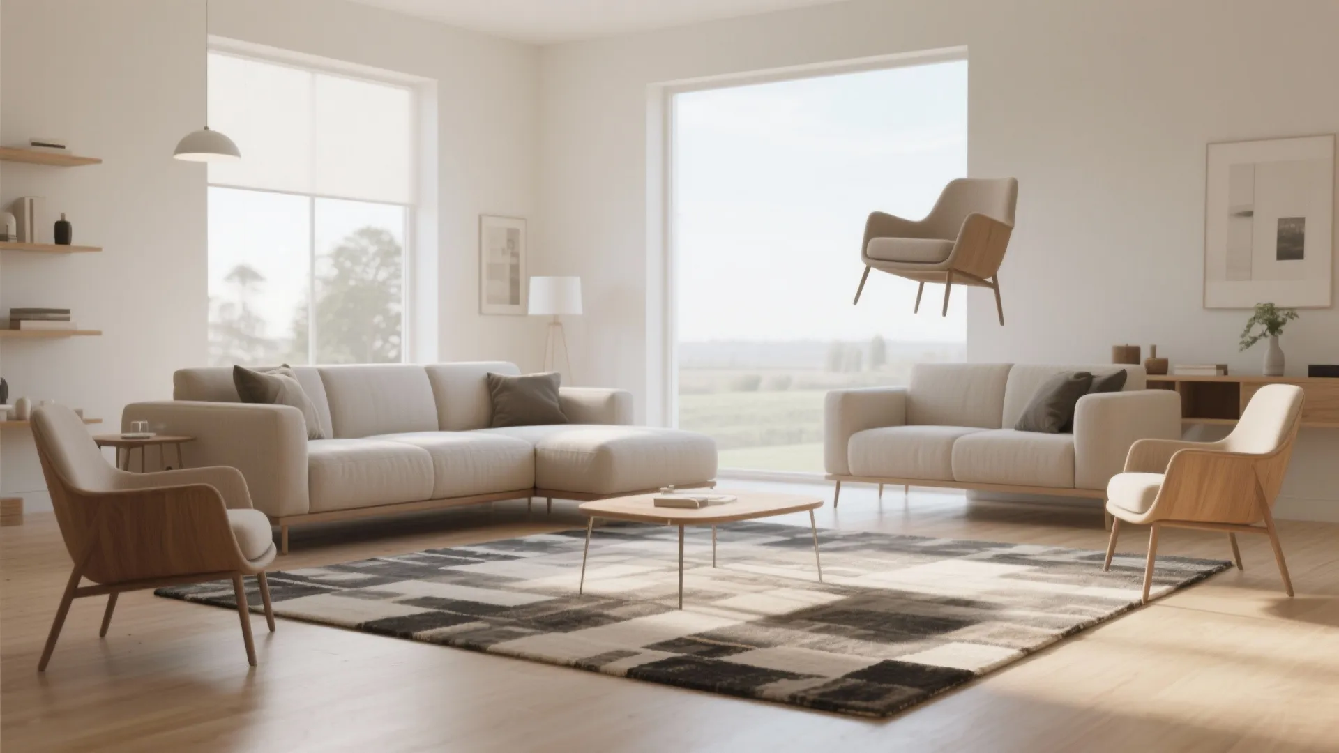 Minimalist living room with beige sofas and a chair floating in the air above a rug