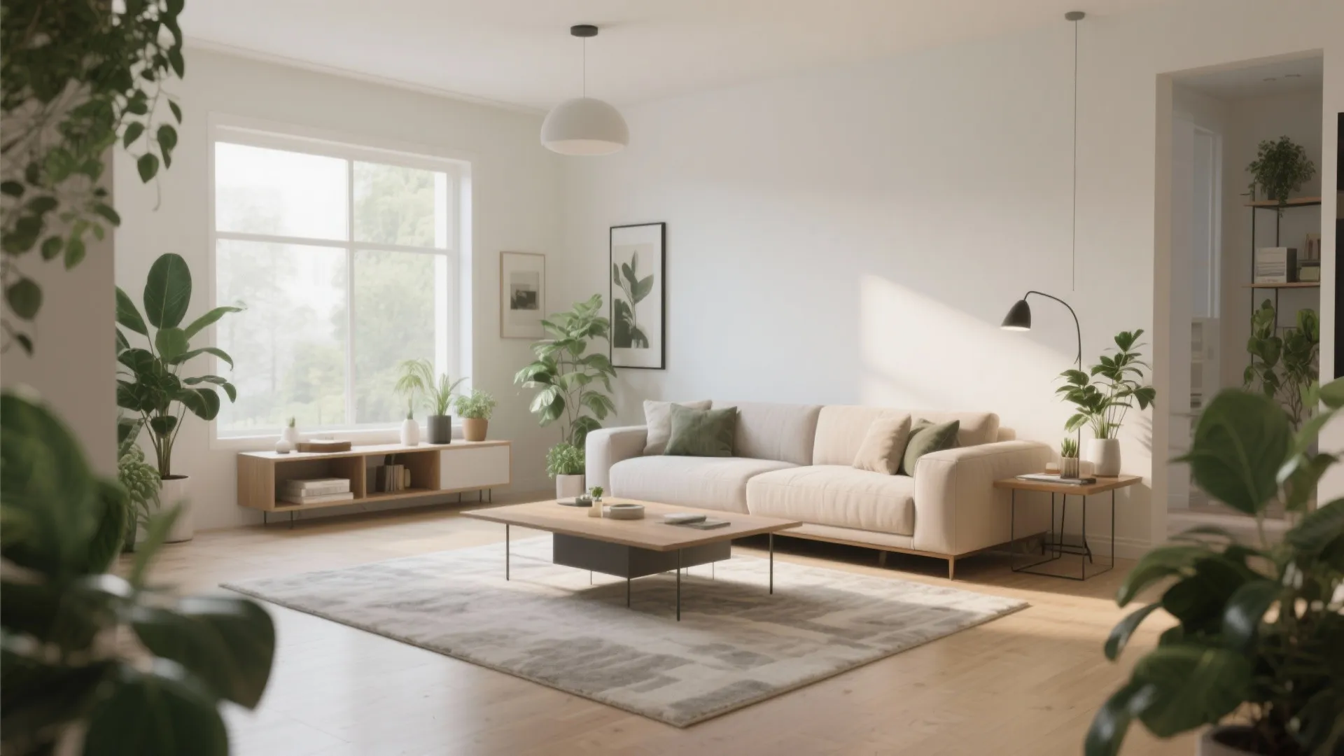 Modern living room with white sofa, wood coffee table, grey rug, indoor plants, and sunlight